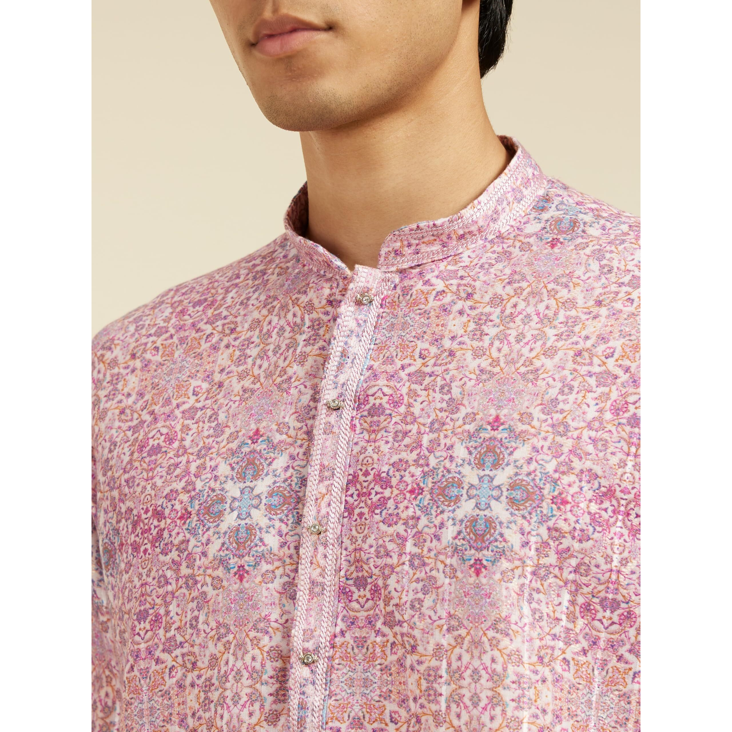 Diwas By Manyavar Men's Viscose Blend Printed Kurta (Pink,L)