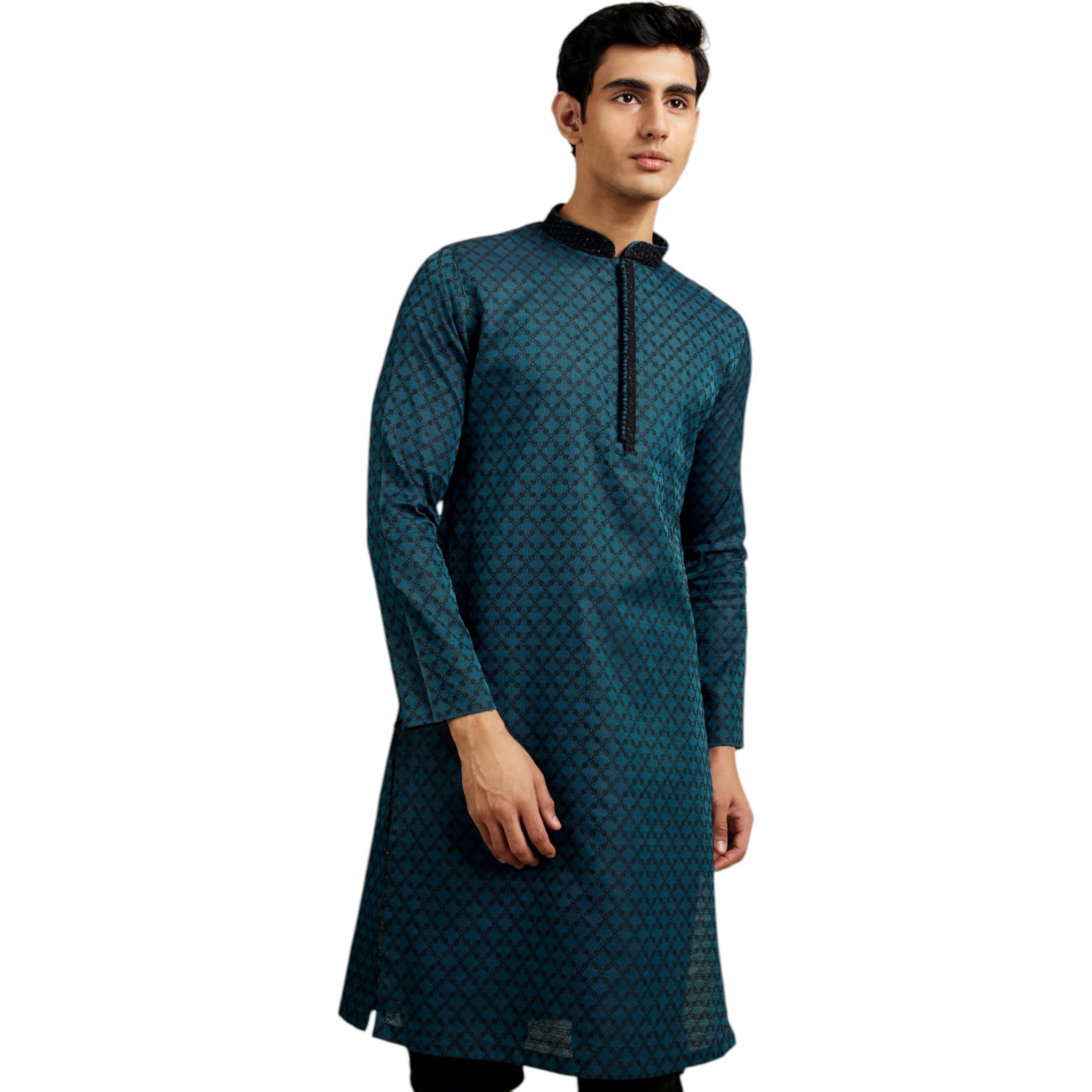 Diwas By Manyavar Men's Art Silk Grid Patterned Kurta (Teal Green,L)