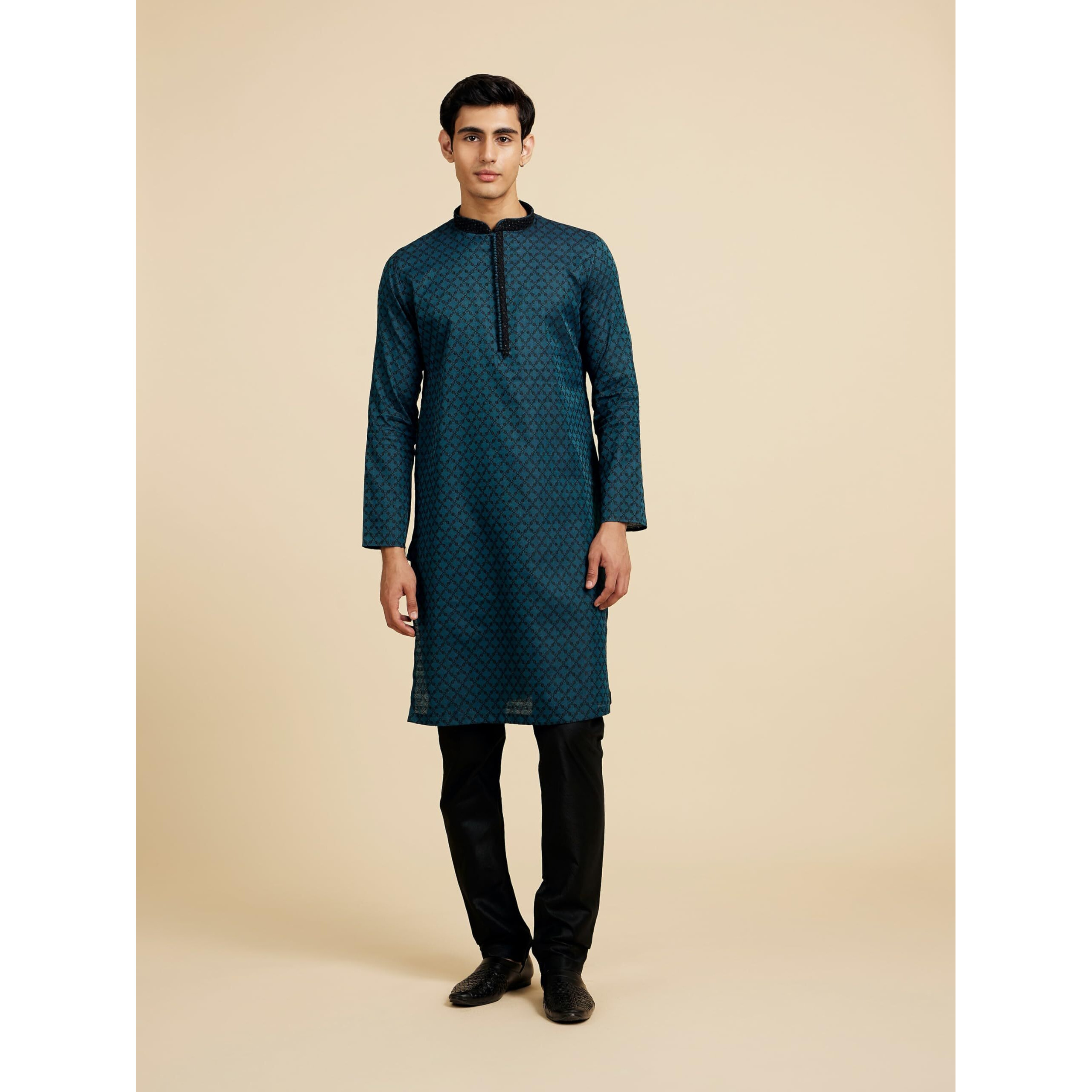 Diwas By Manyavar Men's Art Silk Grid Patterned Kurta (Teal Green,L)