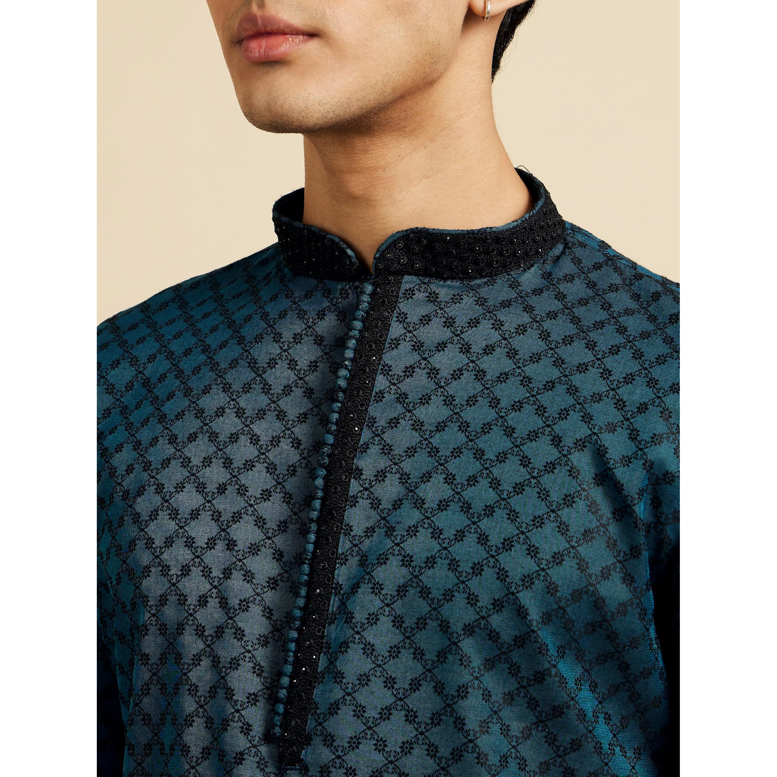 Diwas By Manyavar Men's Art Silk Grid Patterned Kurta (Teal Green,L)