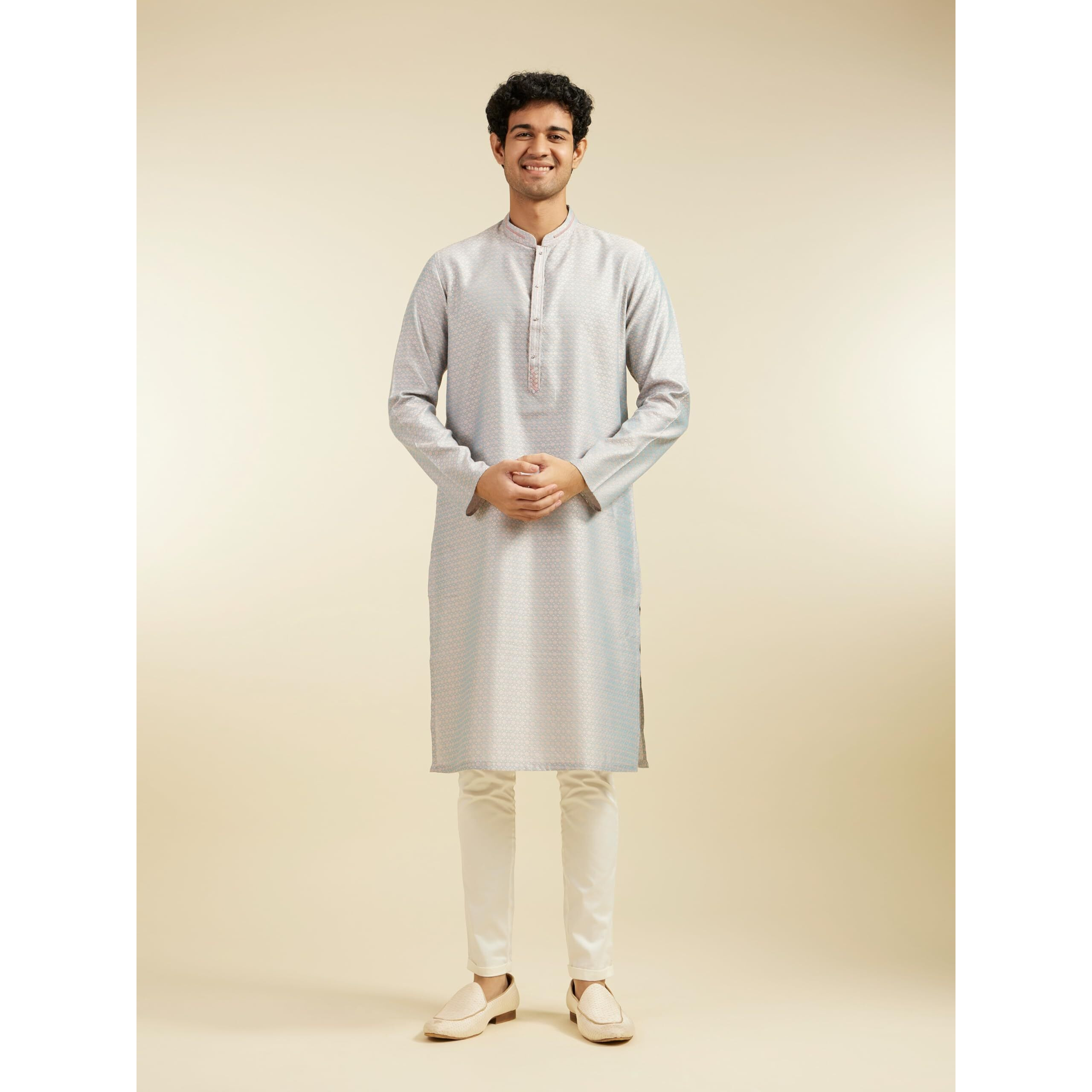 Diwas By Manyavar Men's Viscose Blend Jacquard Weave Kurta (Pink,L)