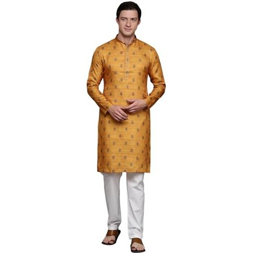 Diwas By Manyavar Men's Art Silk Thread Embroidery Kurta (Yellow,Xl)