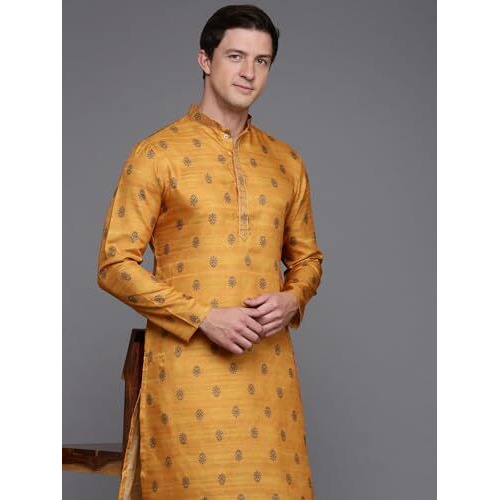 Diwas By Manyavar Men's Art Silk Thread Embroidery Kurta (Yellow,Xl)