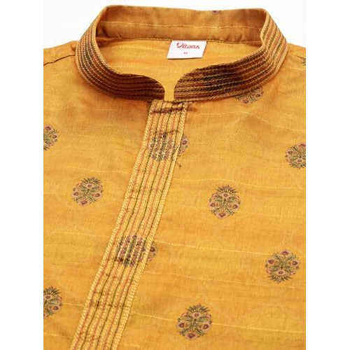 Diwas By Manyavar Men's Art Silk Thread Embroidery Kurta (Yellow,Xl)