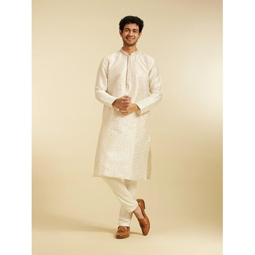 Diwas By Manyavar Men's Art Silk Sequined Kurta (Warm White,Xl)