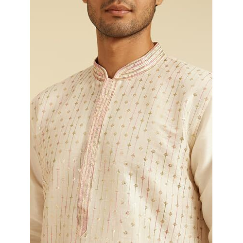 Diwas By Manyavar Men's Art Silk Sequined Kurta (Warm White,Xl)