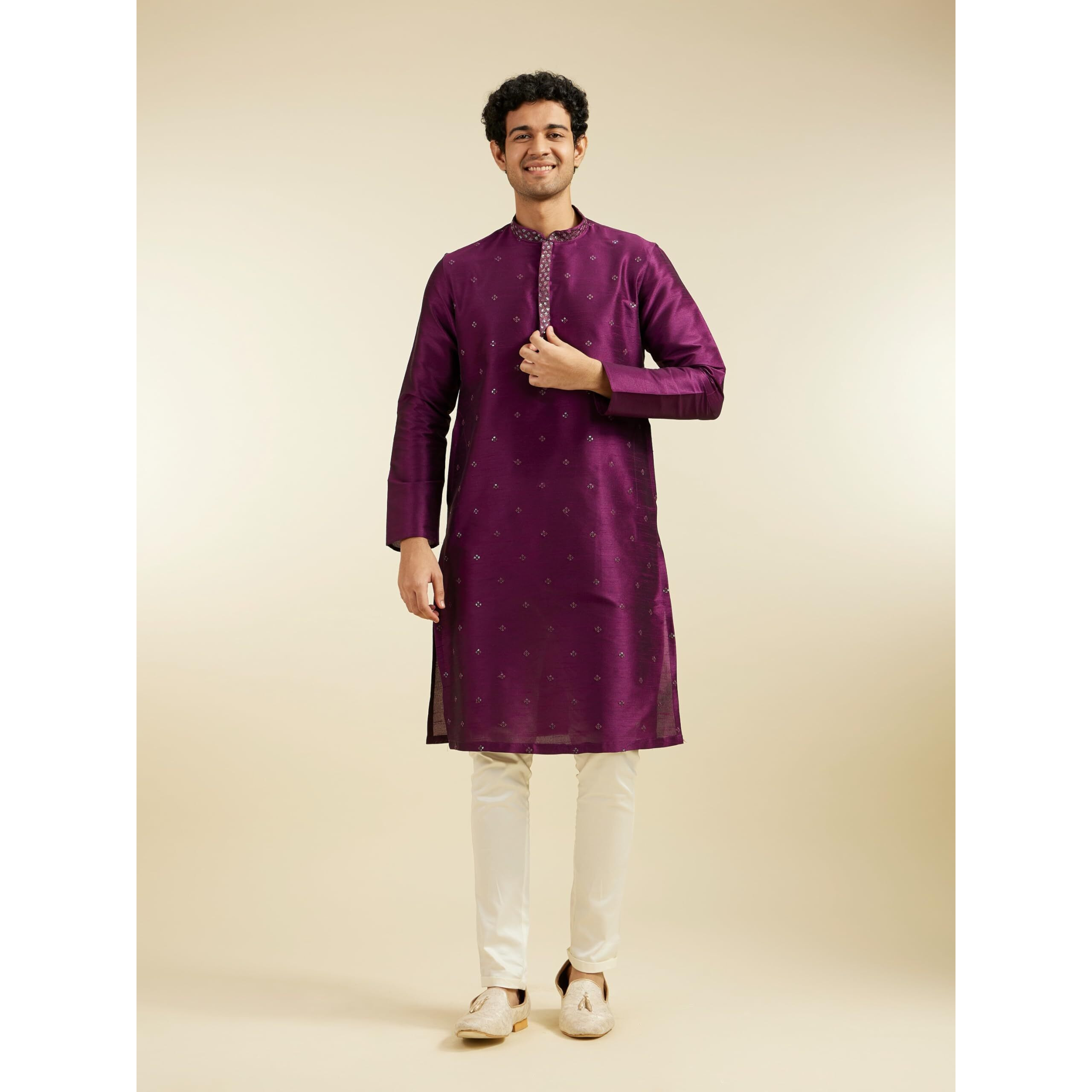 Diwas By Manyavar Men's Art Silk Self Design Kurta (Purple,Xxl)