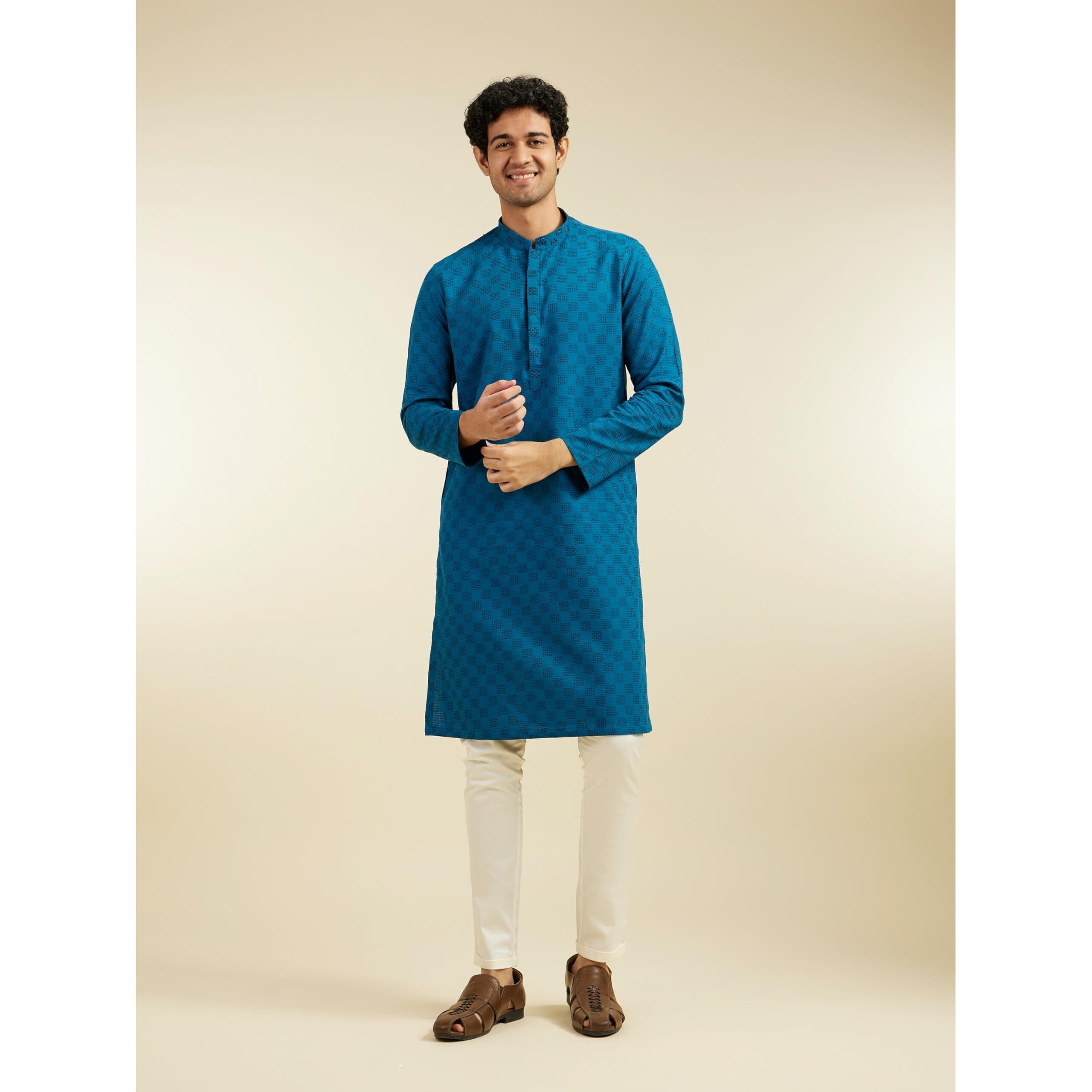 Diwas By Manyavar Men's Cotton Textured Kurta (Blue,Xxl)