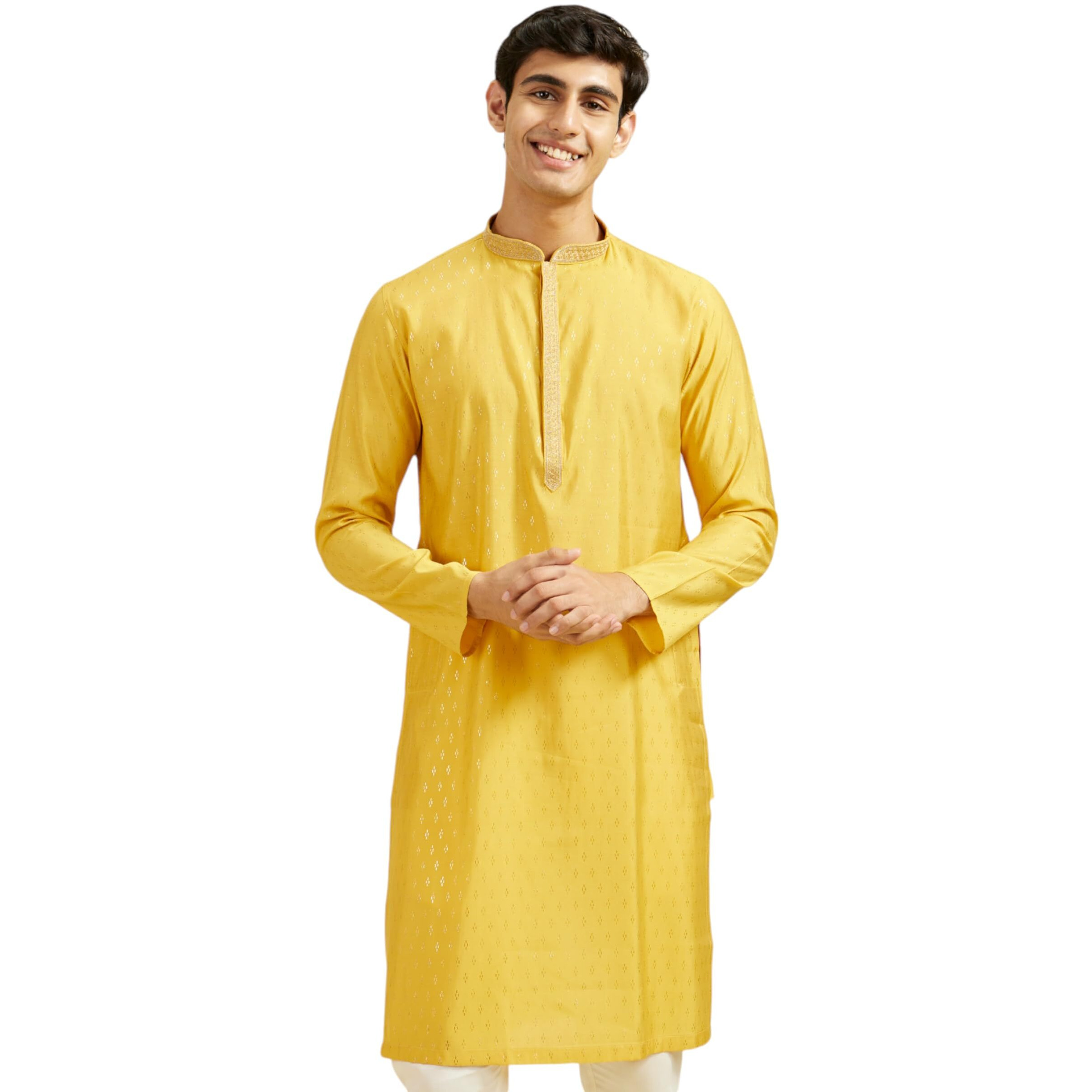 Diwas By Manyavar Men's Blended Viscose Jacquard| Self Design Kurta (Mustard,Xxl)