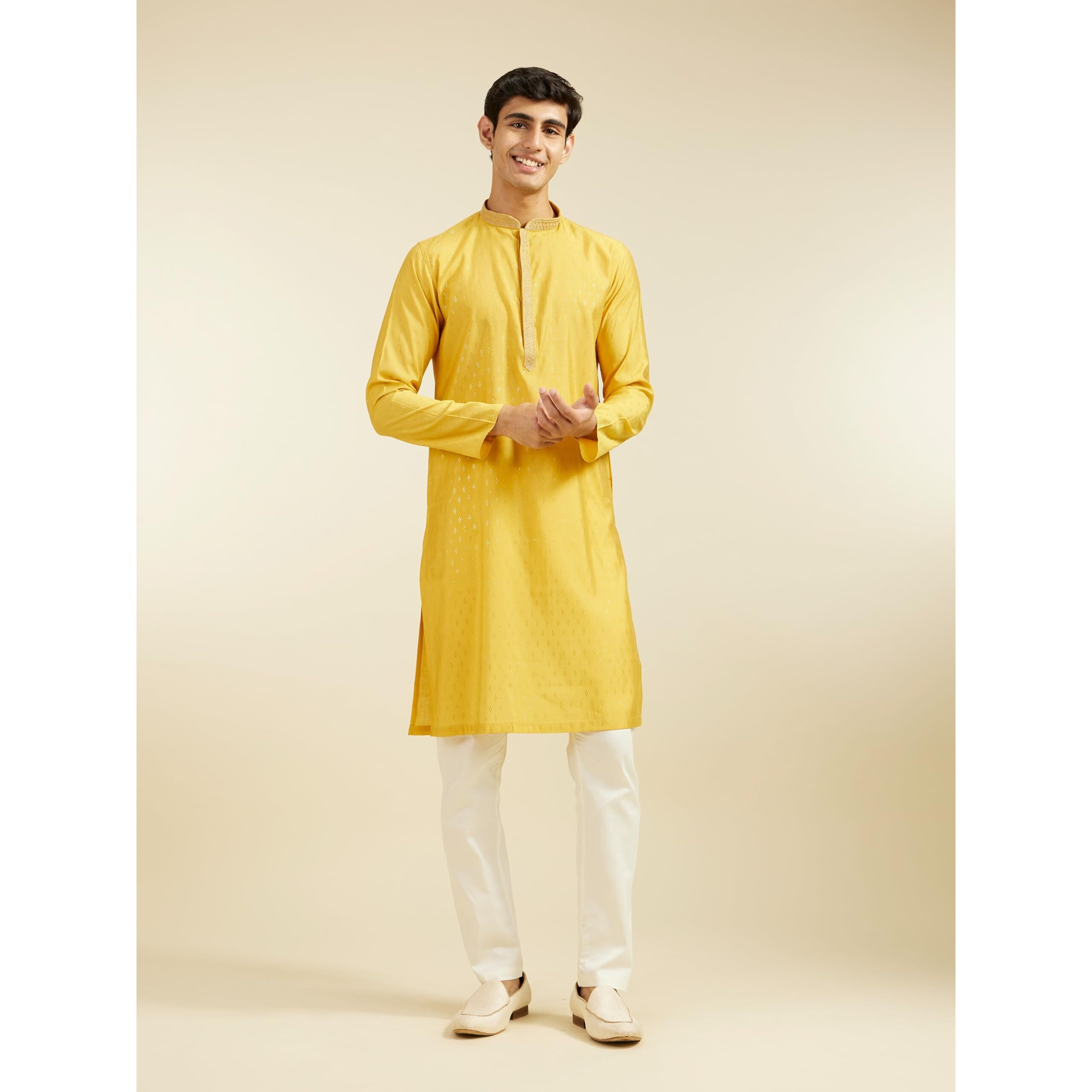Diwas By Manyavar Men's Blended Viscose Jacquard| Self Design Kurta (Mustard,Xxl)