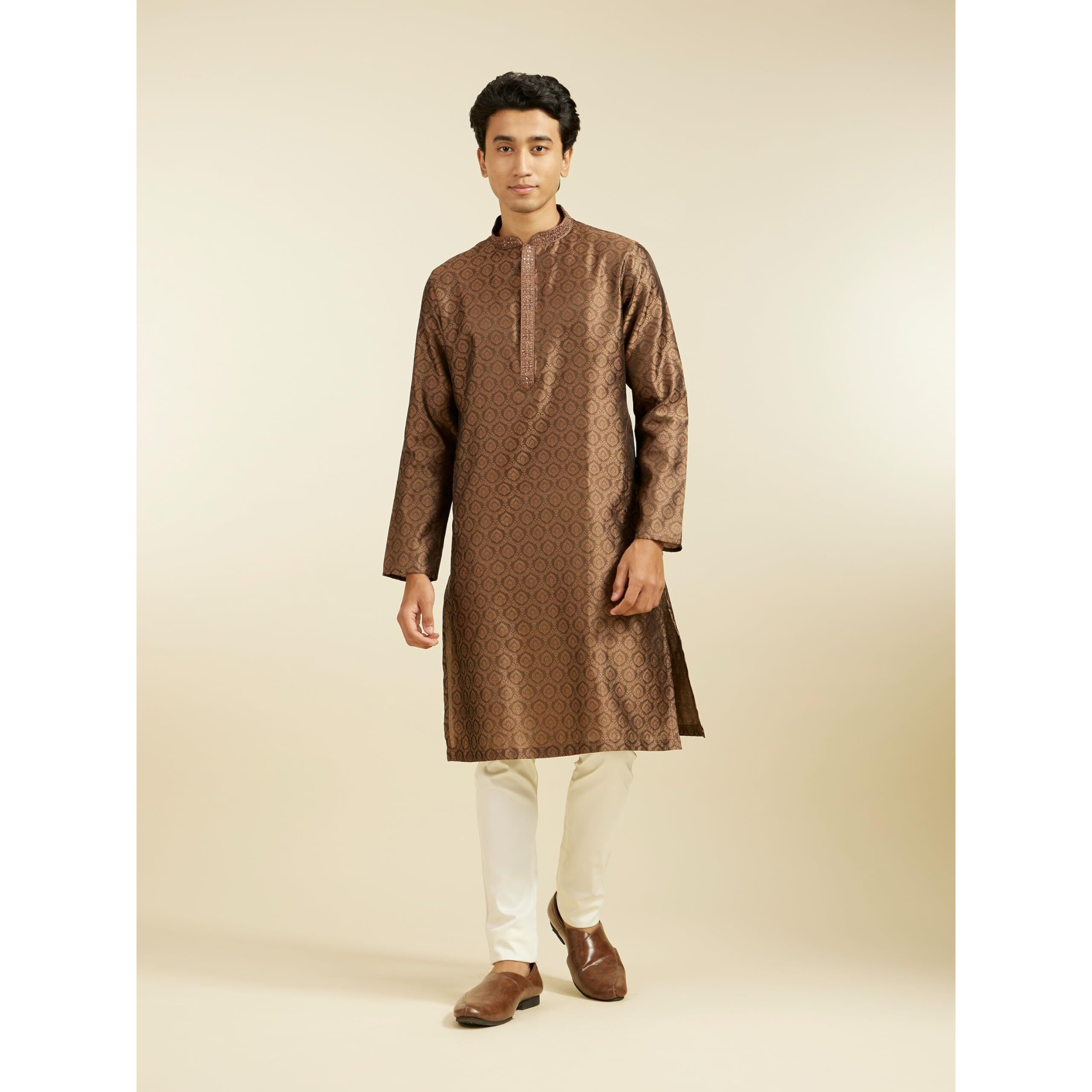 Diwas By Manyavar Men's Art Silk Thread Embroidered Kurta (Brown,Xxxl)