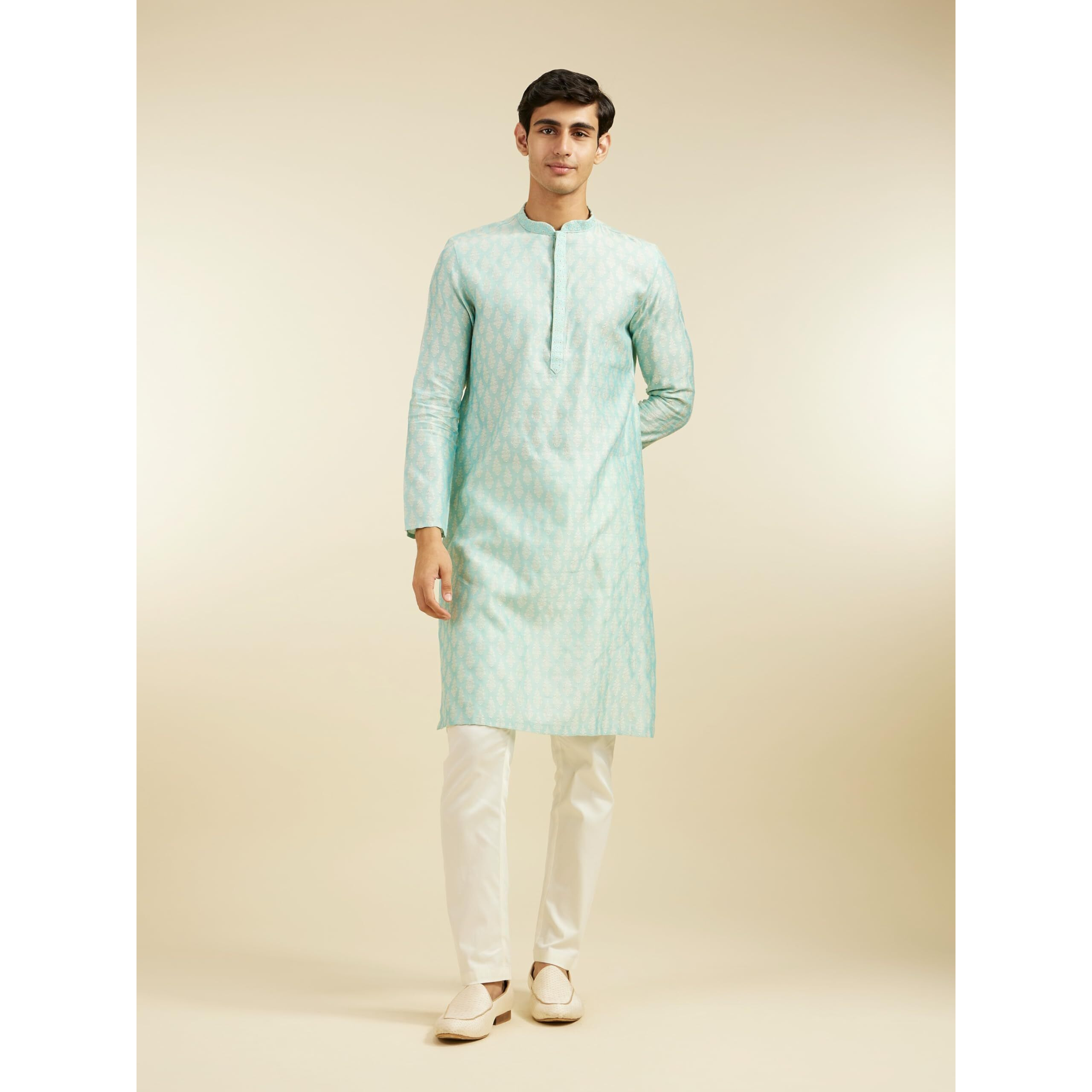 Diwas By Manyavar Men's Blended Viscose Jacquard| Self Design Kurta (Aqua Green,Xxxl)