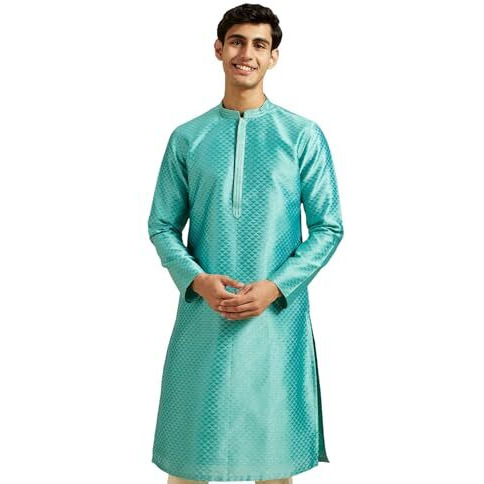 Diwas By Manyavar Men's Art Silk Self Design Kurta (Aqua Green,Xxxl)