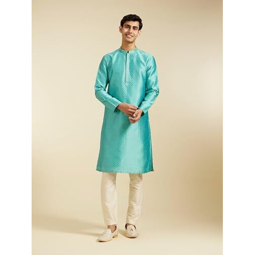 Diwas By Manyavar Men's Art Silk Self Design Kurta (Aqua Green,Xxxl)