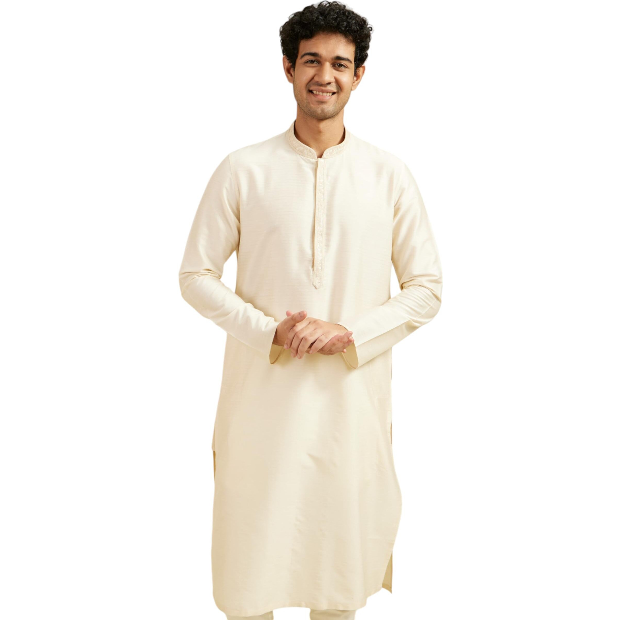 Diwas By Manyavar Men's Viscose Blend Solid Kurta (Cream,L)