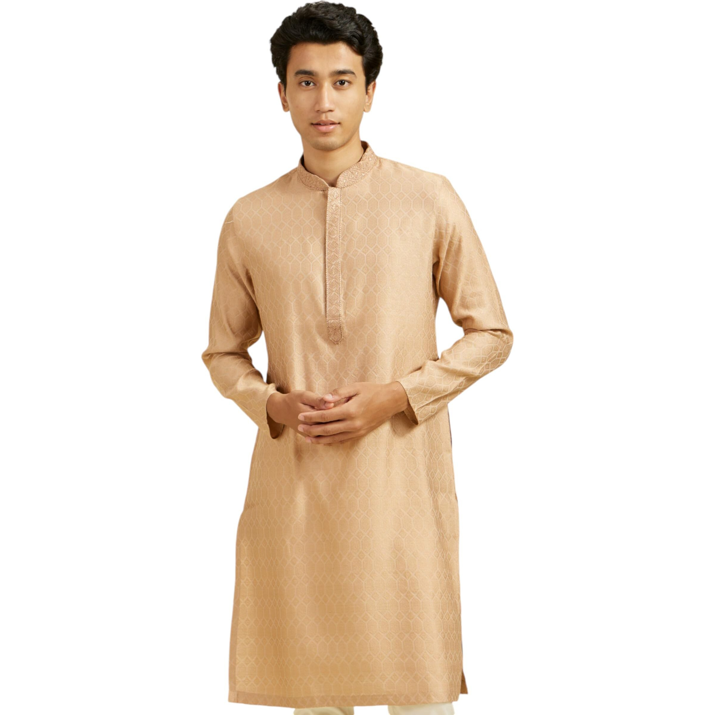 Diwas By Manyavar Men's Viscose Blend Thread Work Kurta (Fawn,S)