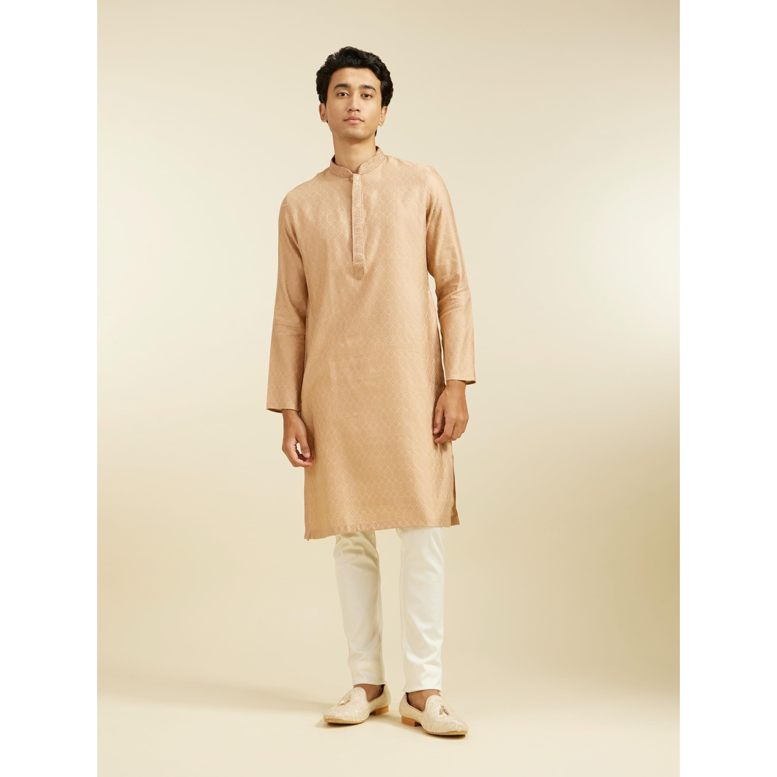 Diwas By Manyavar Men's Viscose Blend Thread Work Kurta (Fawn,S)