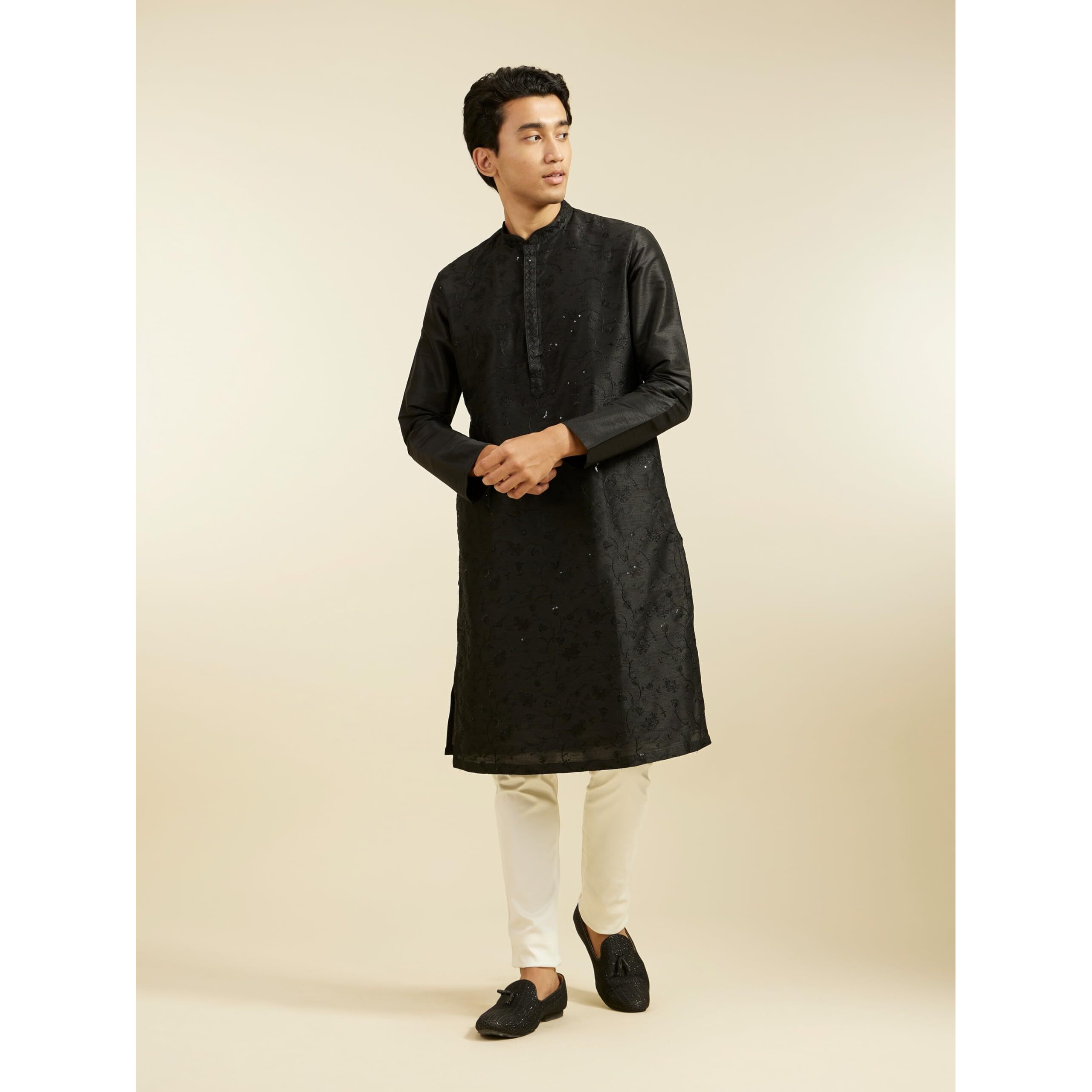 Diwas By Manyavar Men's Art Silk Embroidered | Sequined Kurta (Black,S)