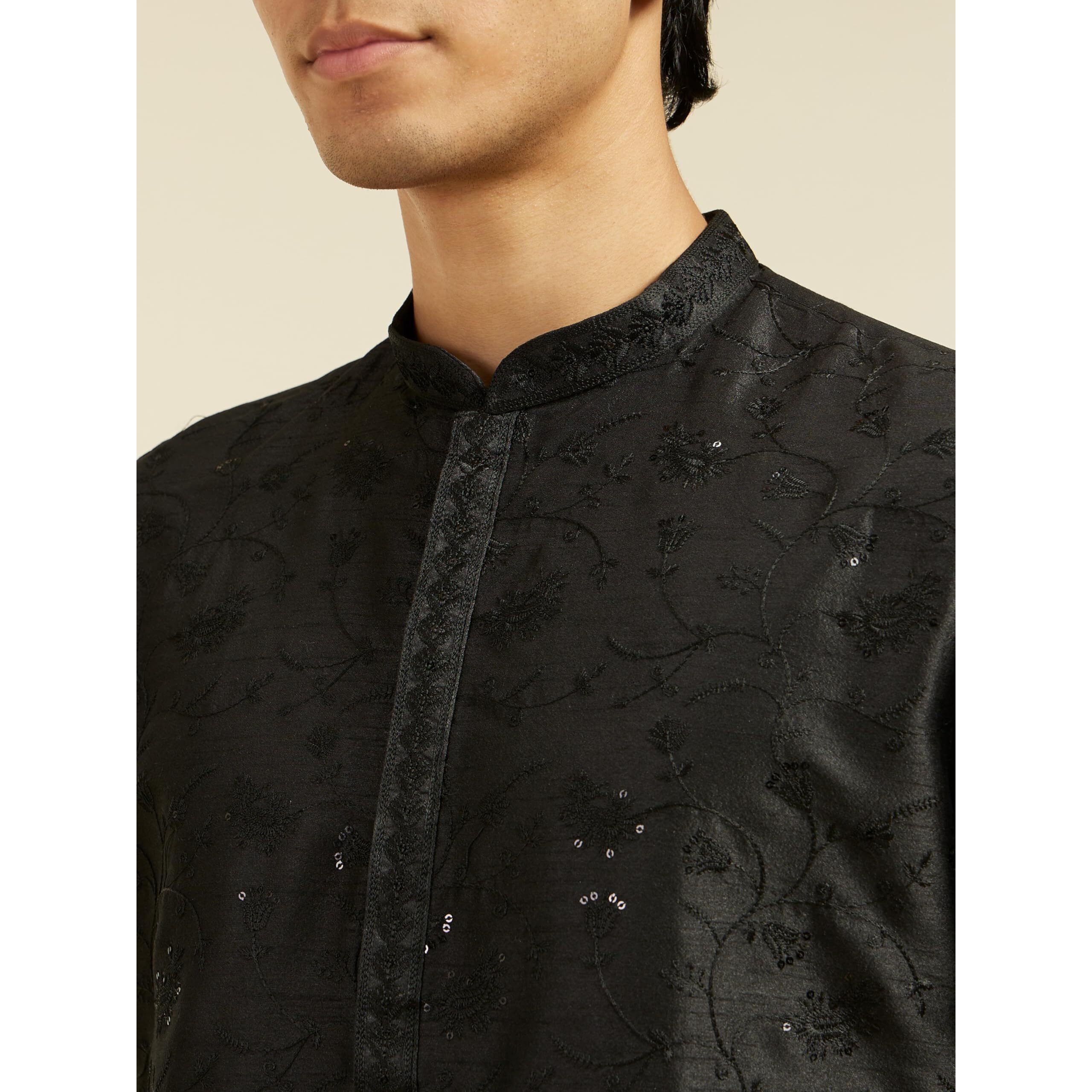 Diwas By Manyavar Men's Art Silk Embroidered | Sequined Kurta (Black,S)