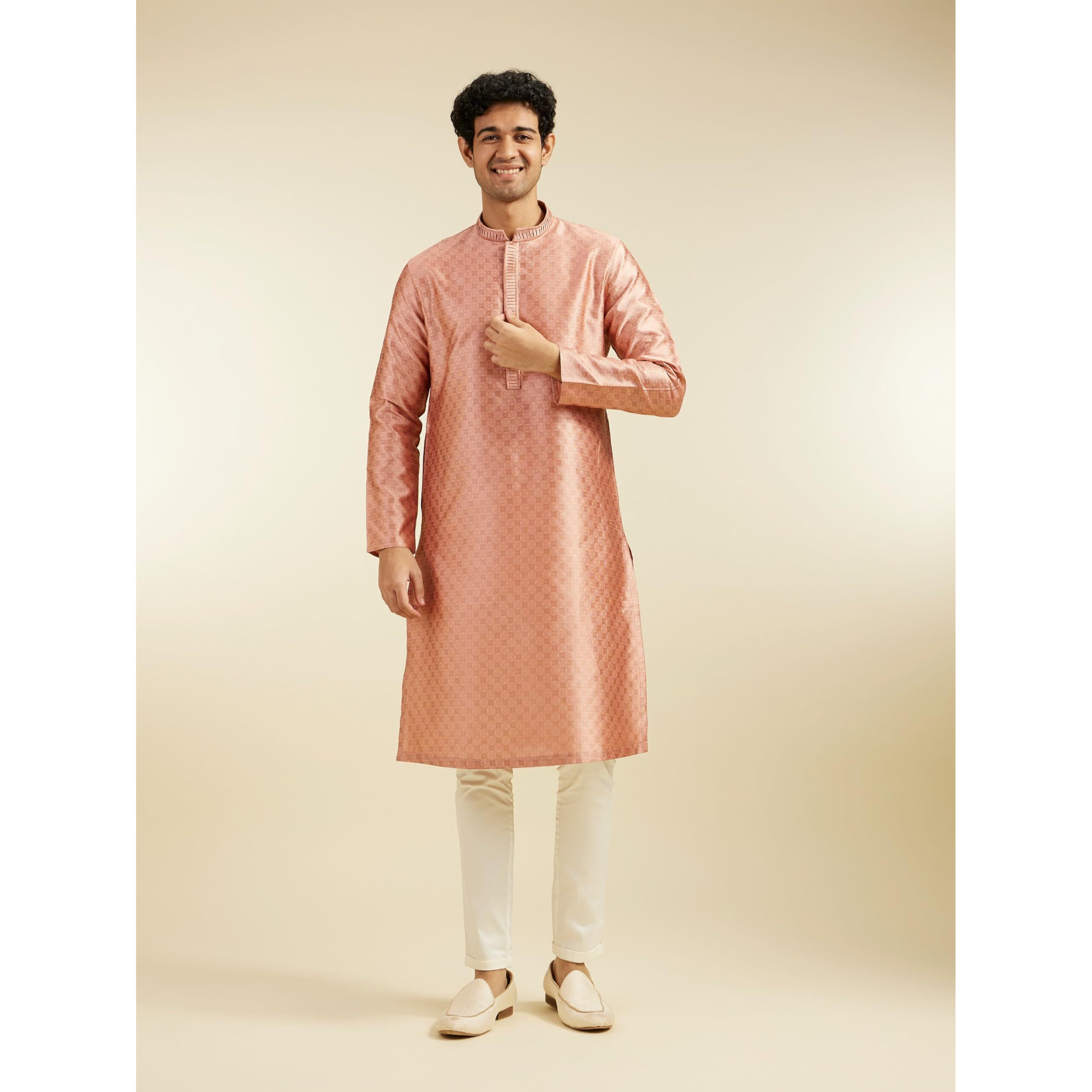 Diwas By Manyavar Men's Art Silk Jacquard Weave Kurta (Peach,Xxxl)