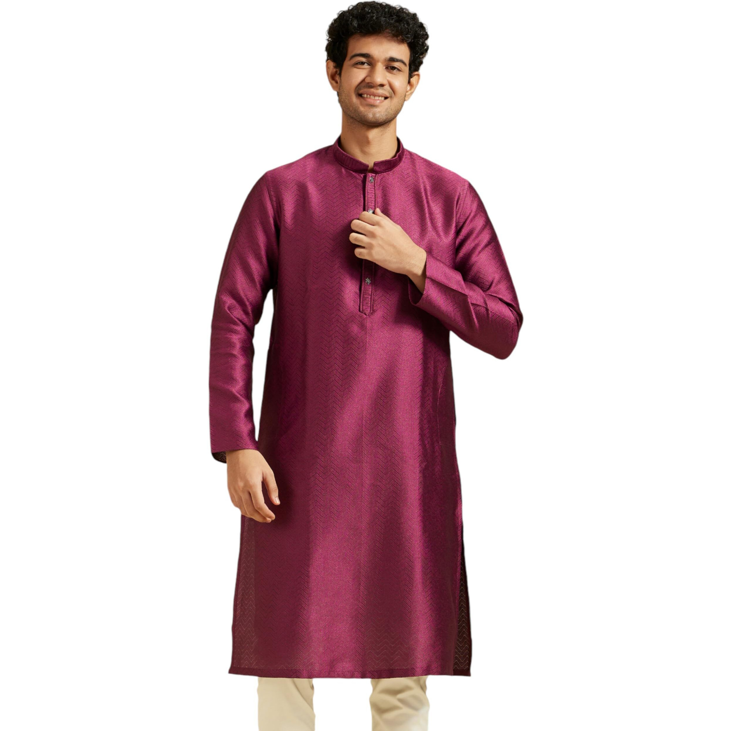 Diwas By Manyavar Men's Art Silk Jacquard Weave Kurta (Wine,Xxxl)