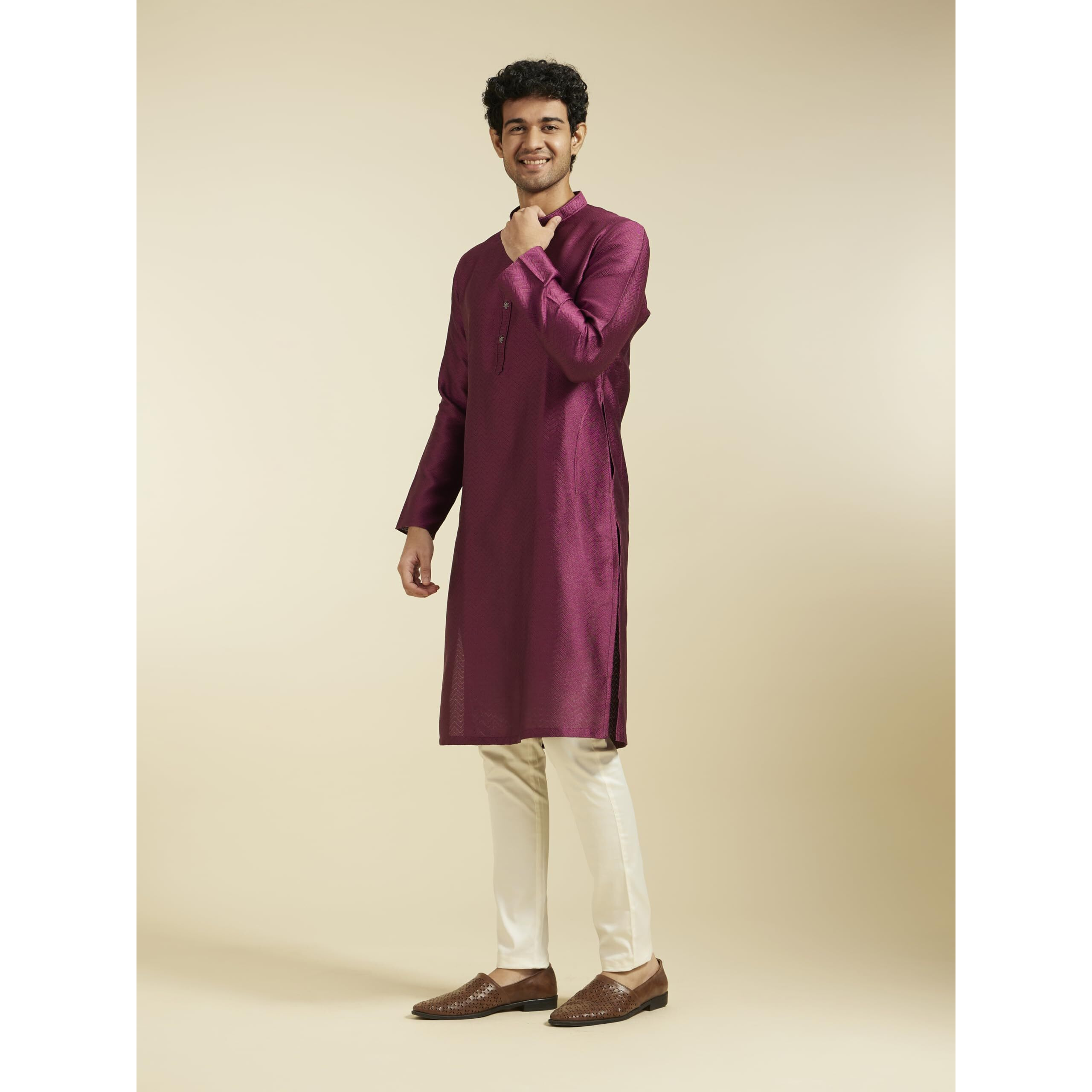 Diwas By Manyavar Men's Art Silk Jacquard Weave Kurta (Wine,Xxxl)
