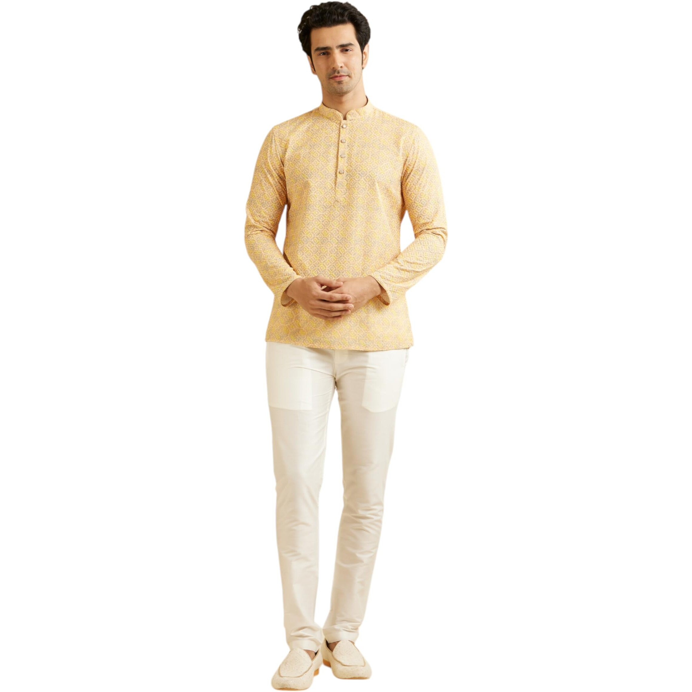 Manyavar Men's Cotton Blend Chikankari Printed Short Kurta (Yellow,M)