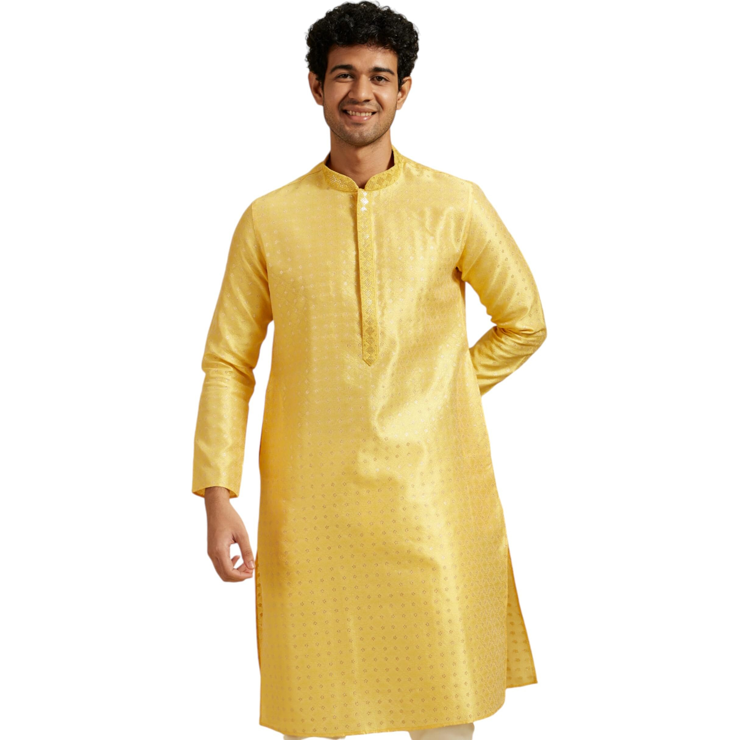 Diwas By Manyavar Men's Art Silk Thread Work Kurta (Yellow,L)