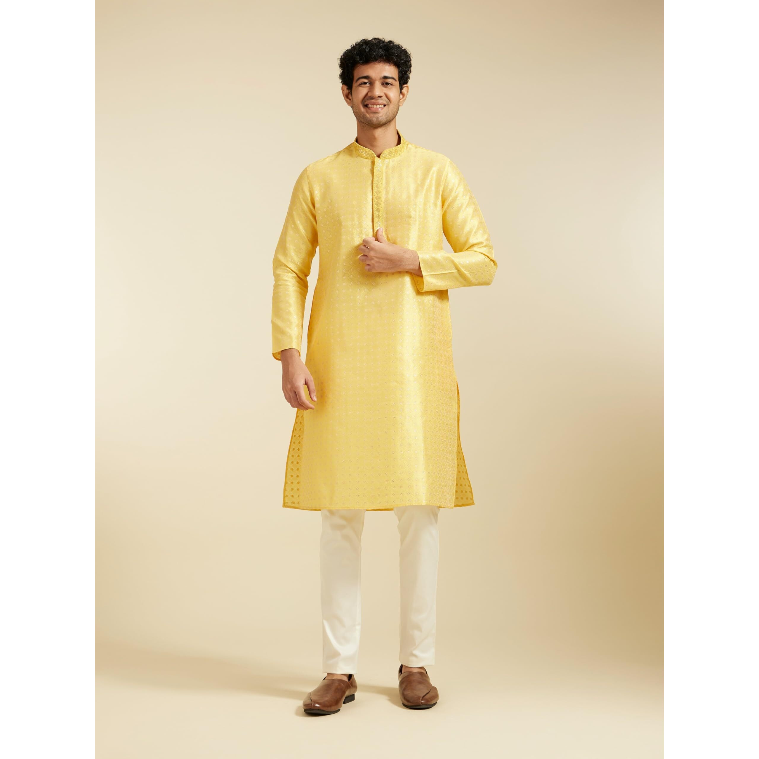Diwas By Manyavar Men's Art Silk Thread Work Kurta (Yellow,L)