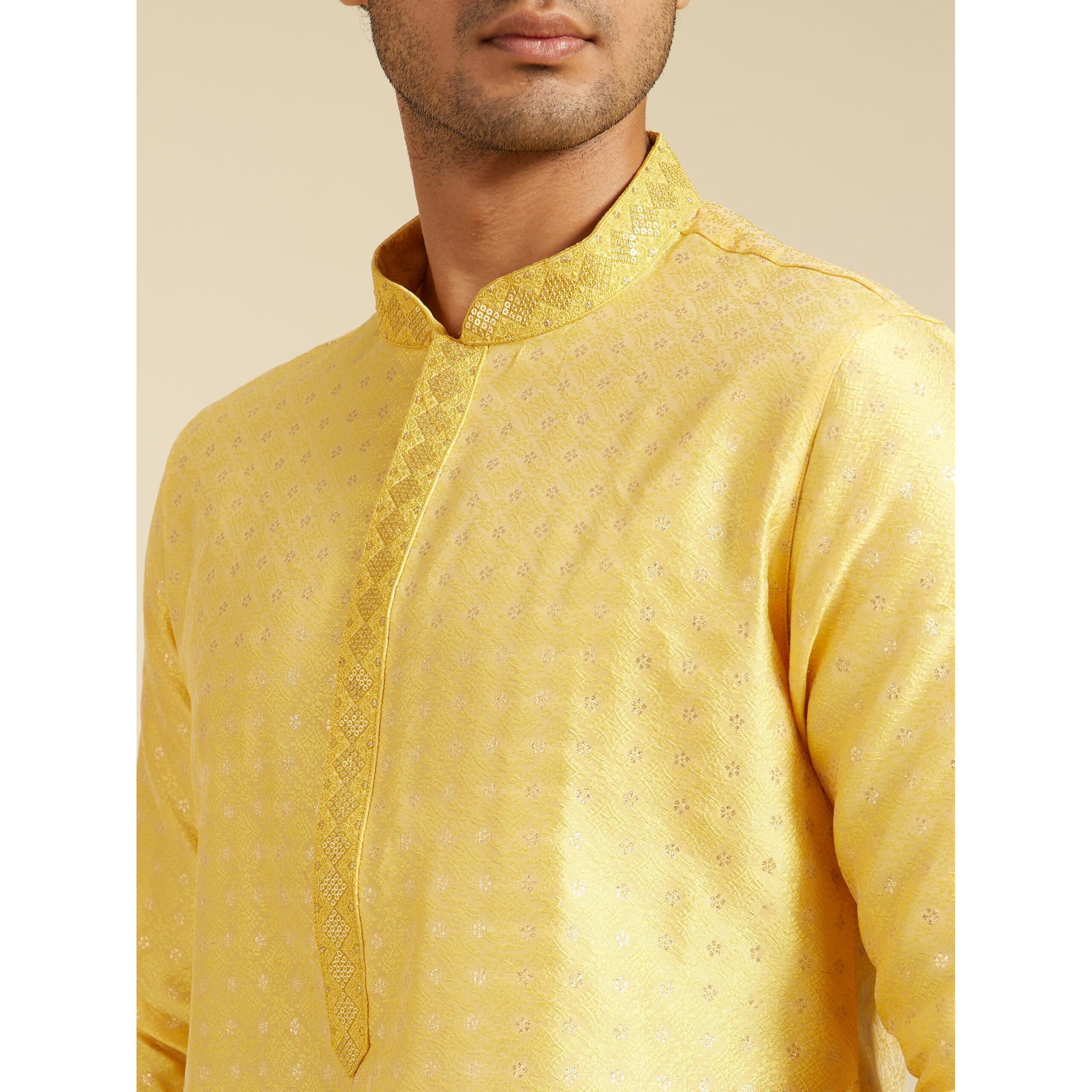 Diwas By Manyavar Men's Art Silk Thread Work Kurta (Yellow,L)