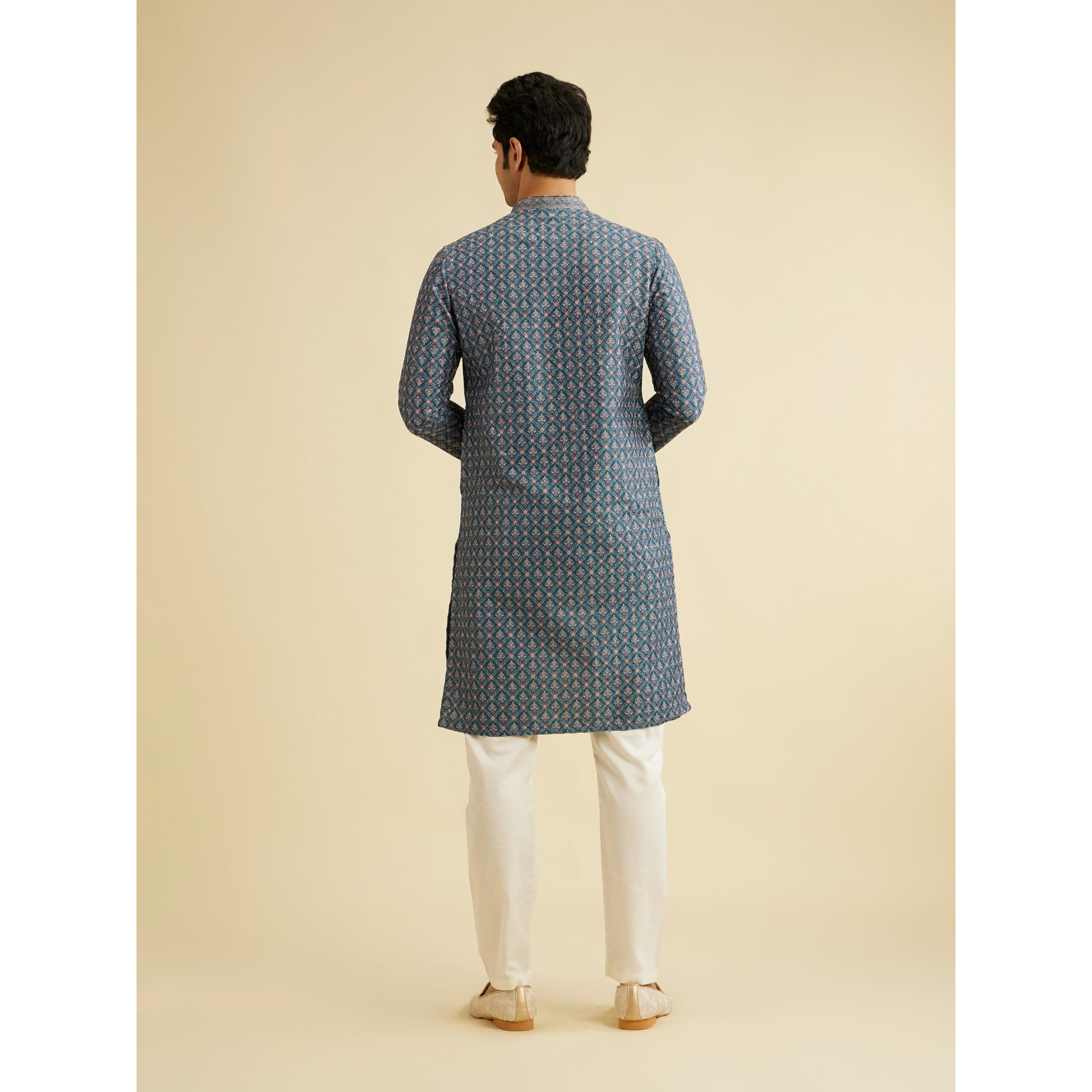 Manyavar Men's Art Silk Printed Kurta Pyjama Set (Blue,L)