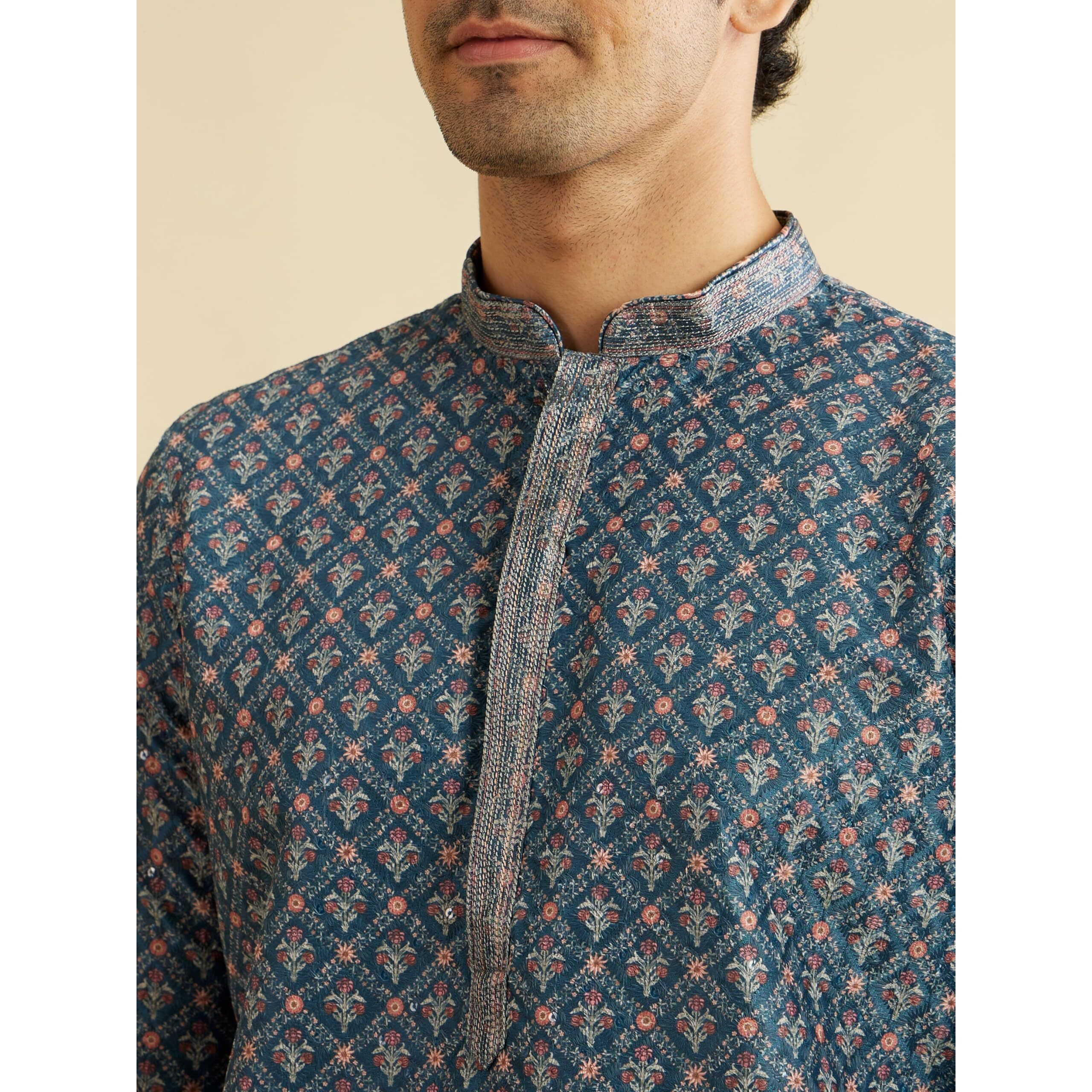 Manyavar Men's Art Silk Printed Kurta Pyjama Set (Blue,L)