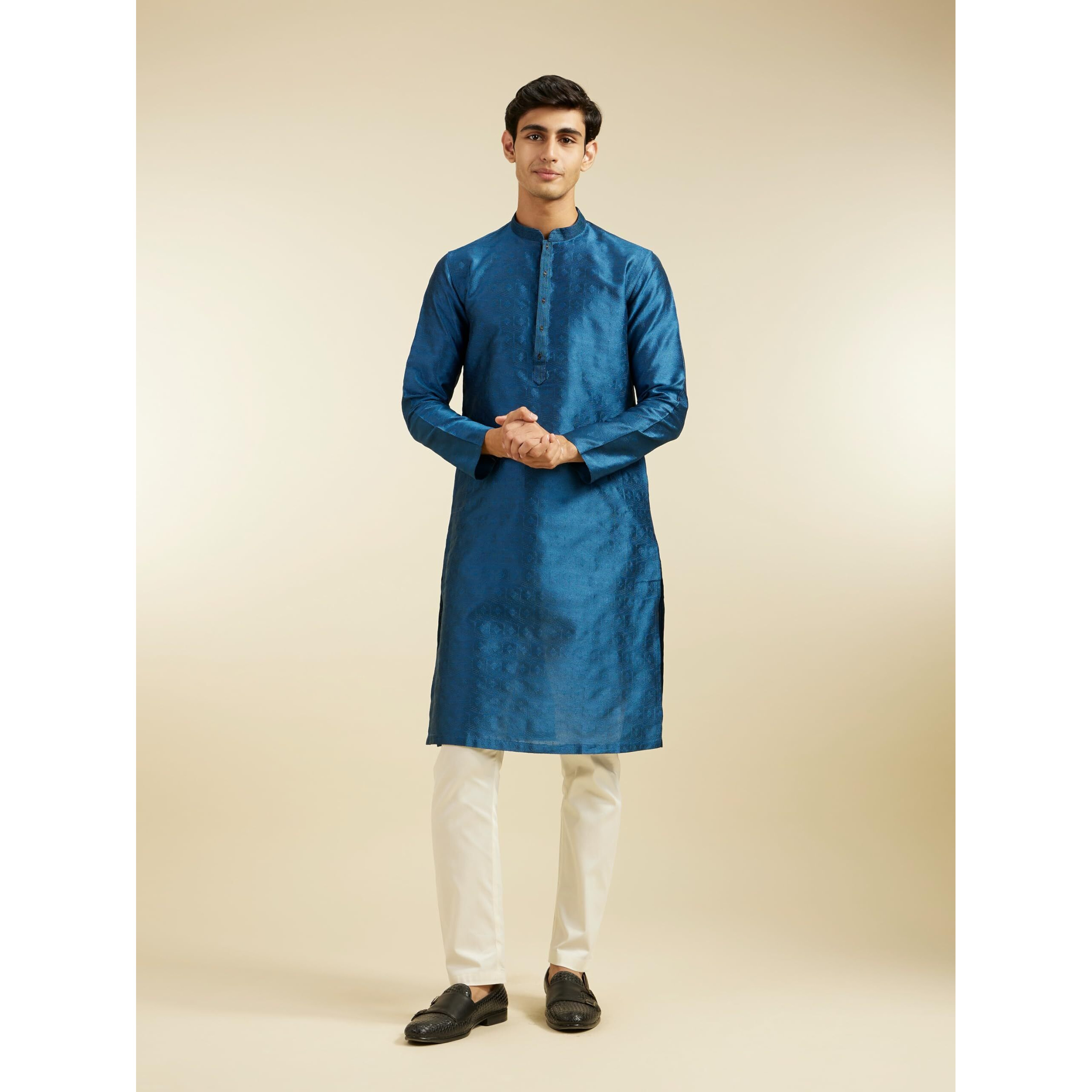 Diwas By Manyavar Men's Art Silk Jacquard| Self Design Kurta (Teal Blue,Xxxl)