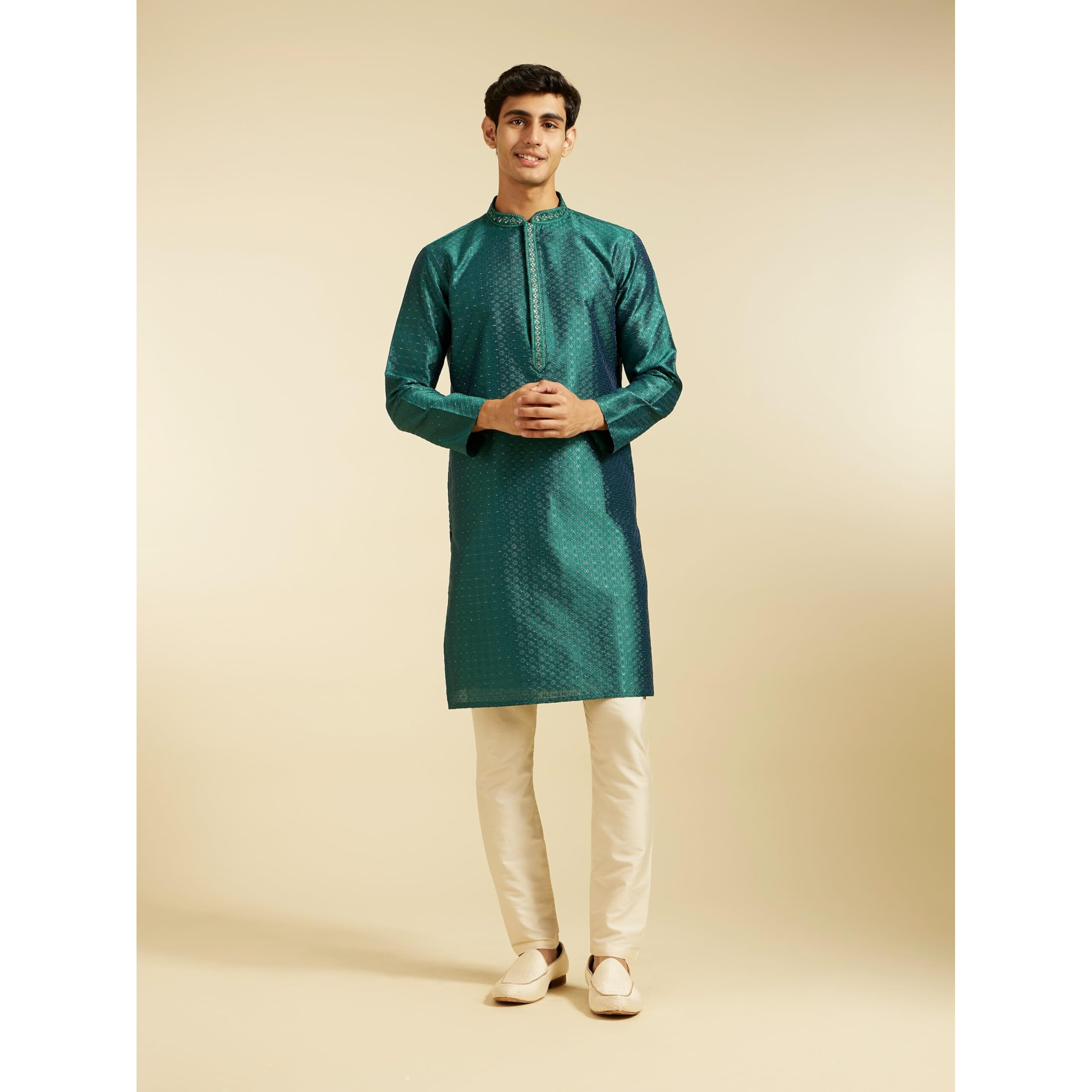 Diwas By Manyavar Men's Art Silk Thread Work Kurta (Teal Green,S)