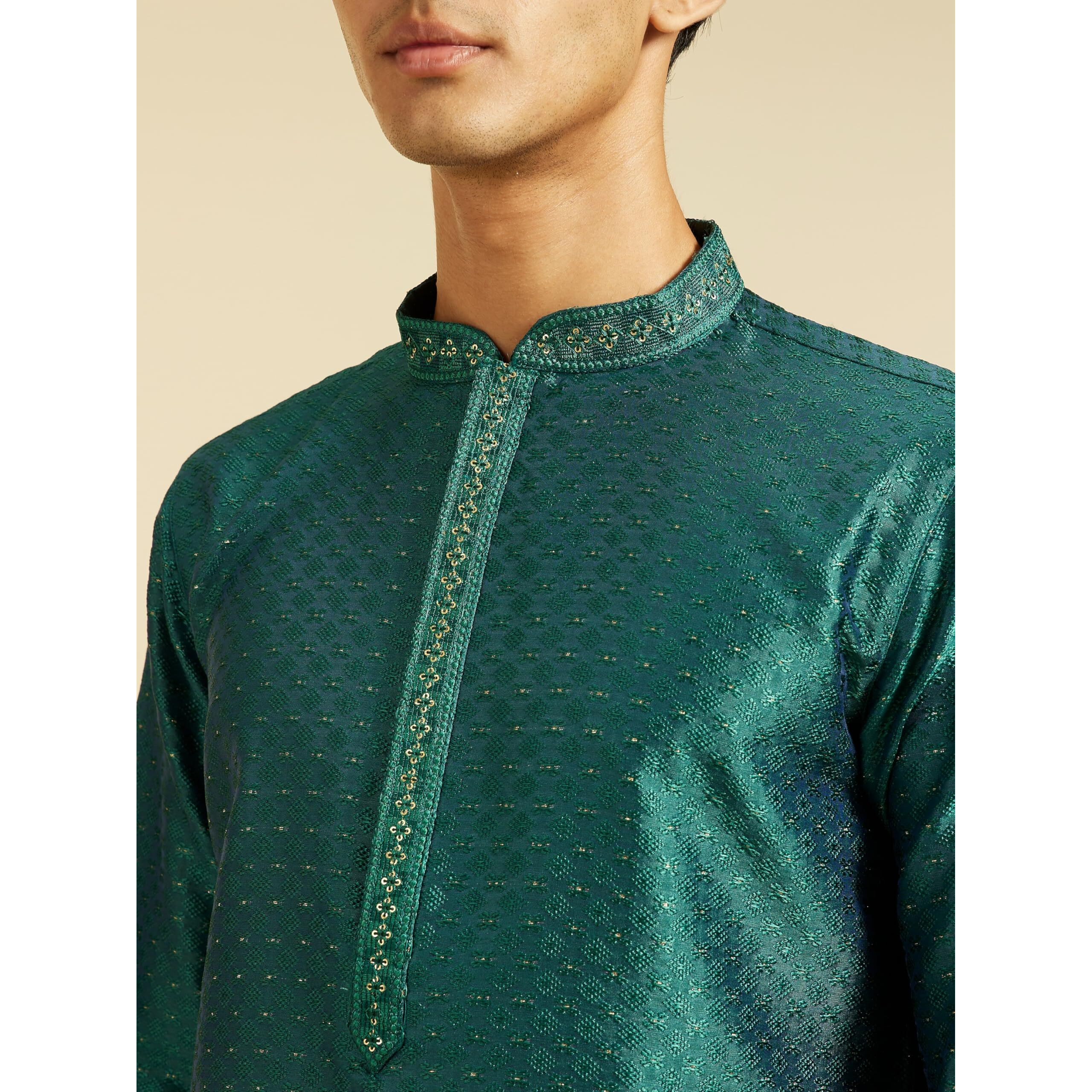 Diwas By Manyavar Men's Art Silk Thread Work Kurta (Teal Green,S)