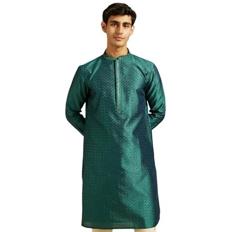 Diwas By Manyavar Men's Art Silk Thread Work Kurta (Teal Green,M)
