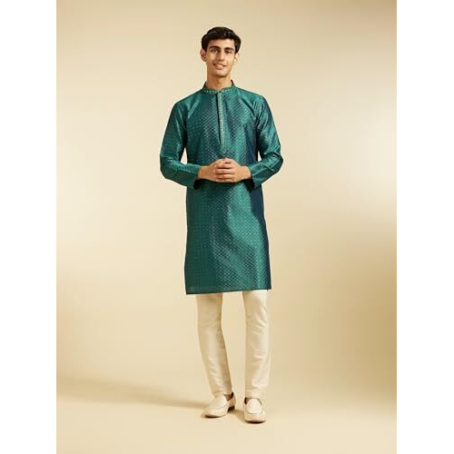 Diwas By Manyavar Men's Art Silk Thread Work Kurta (Teal Green,M)