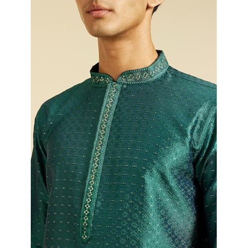Diwas By Manyavar Men's Art Silk Thread Work Kurta (Teal Green,M)