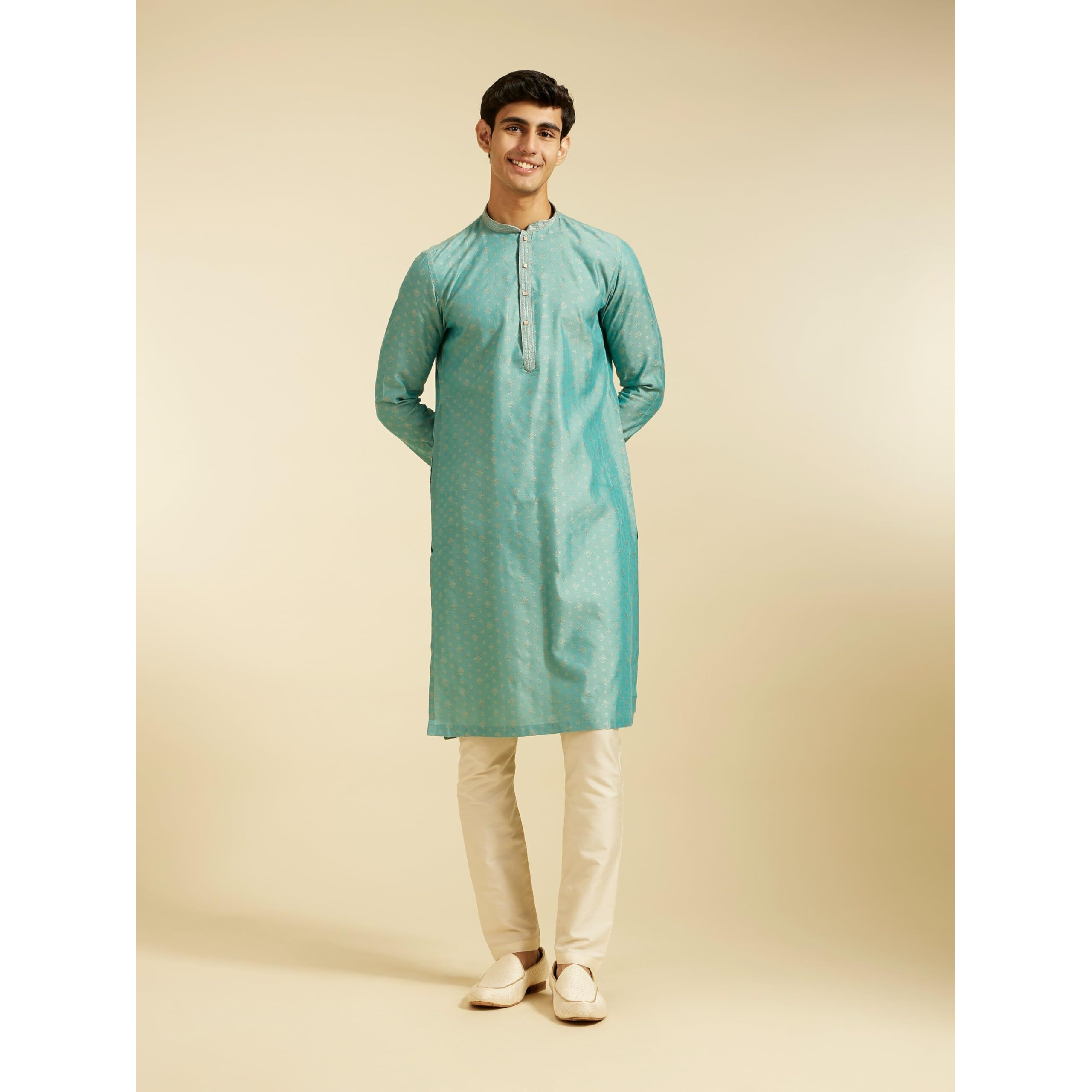 Diwas By Manyavar Men's Blended Viscose Self Design Kurta (Aqua Green,Xl)