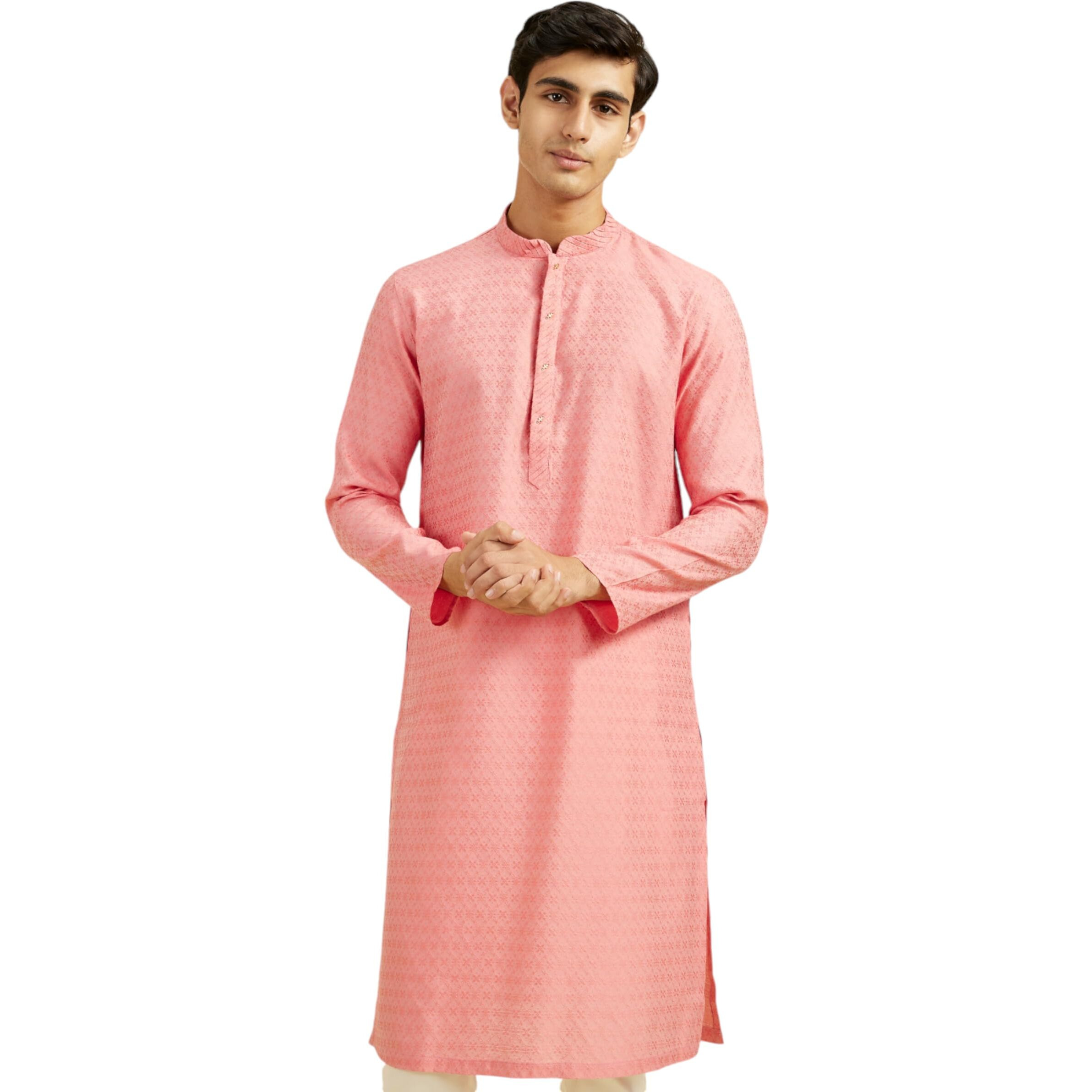 Diwas By Manyavar Men's Viscose Blend Self Design Kurta (Coral,S)