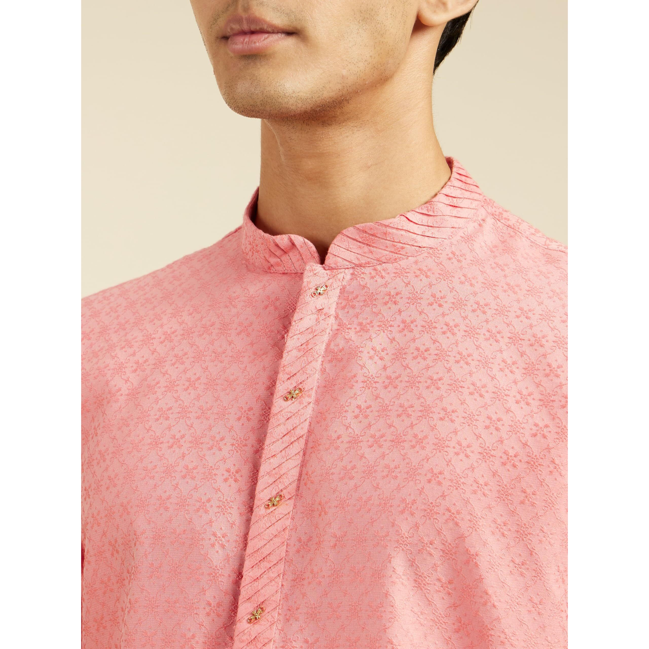 Diwas By Manyavar Men's Viscose Blend Self Design Kurta (Coral,S)