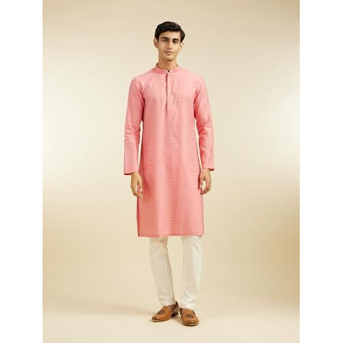 Diwas By Manyavar Men's Viscose Blend Self Design Kurta (Coral,Xl)