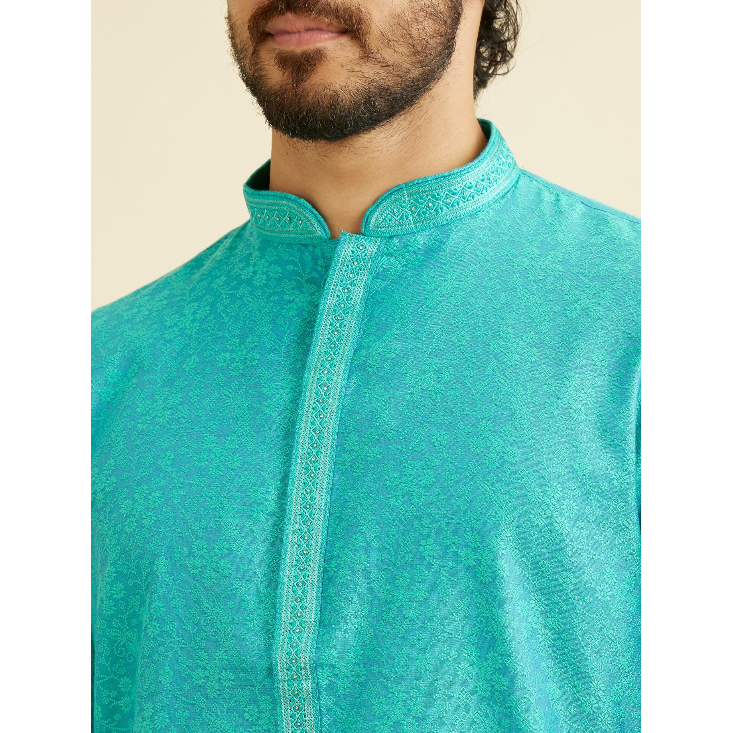 Manyavar Men's Viscose Blend Thread Embroidery Kurta Pyjama Set (Blue,Xxxl)