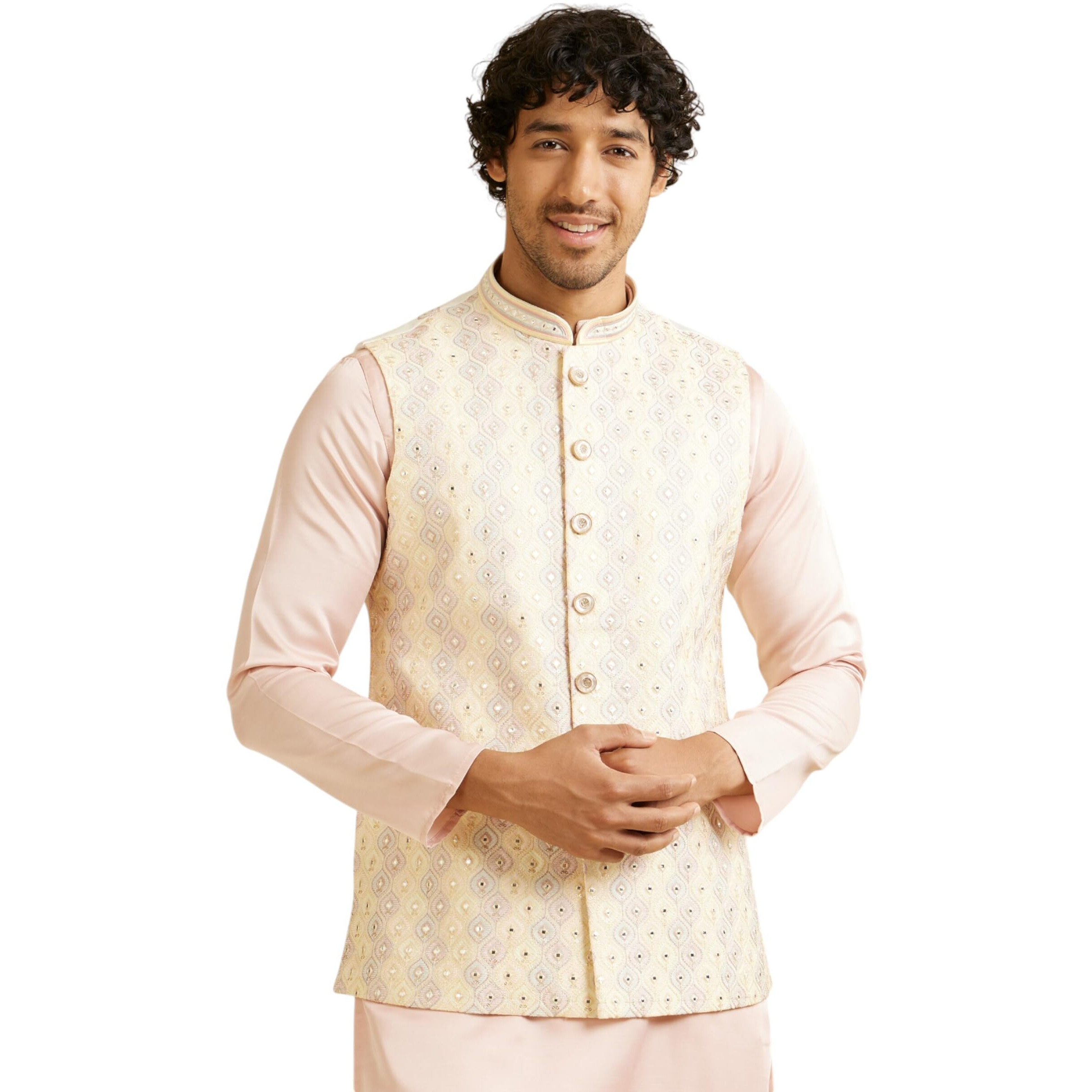 Manyavar Men's Art Silk Jaal Patterned Mirror Work Jacket (Beige,M)