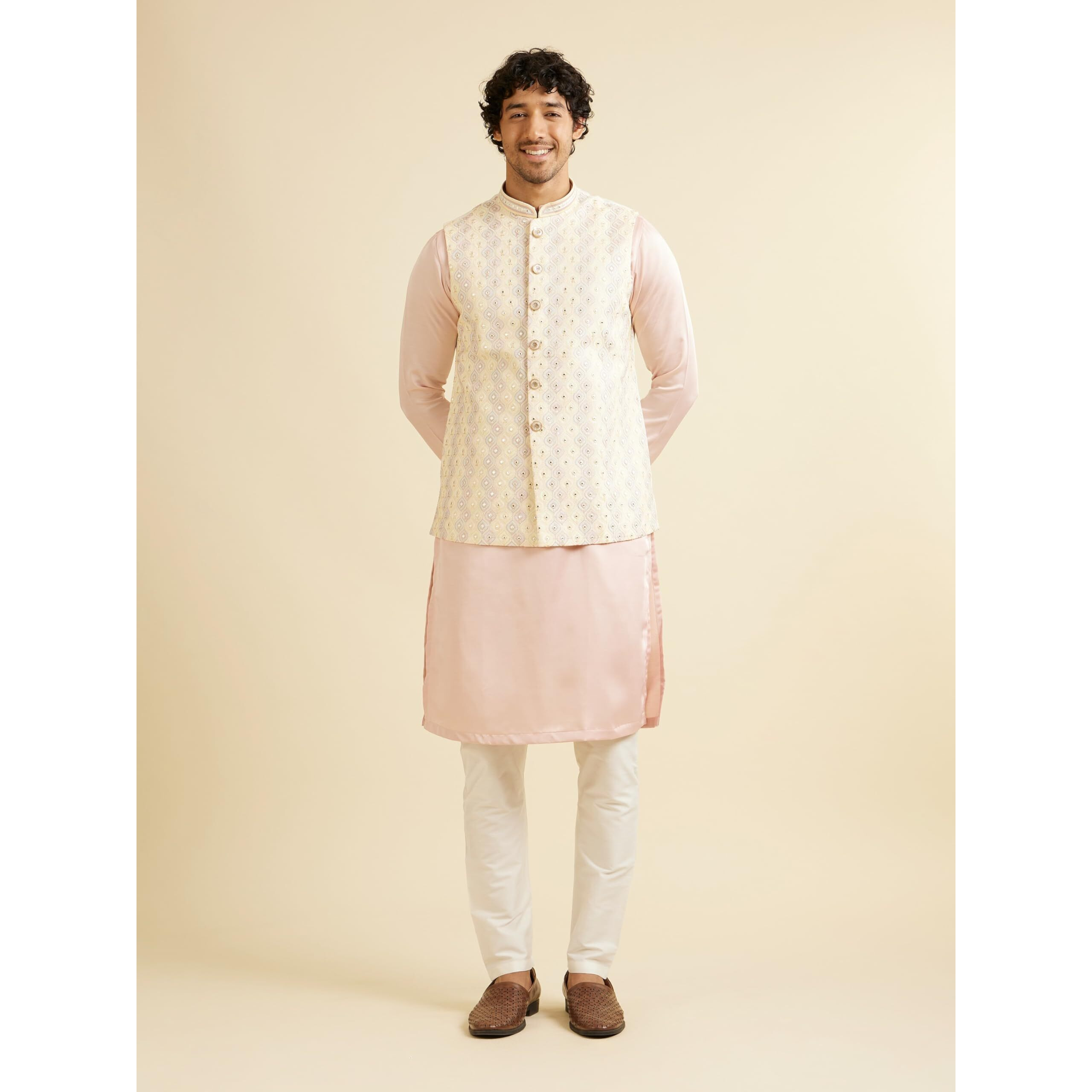 Manyavar Men's Art Silk Jaal Patterned Mirror Work Jacket (Beige,M)