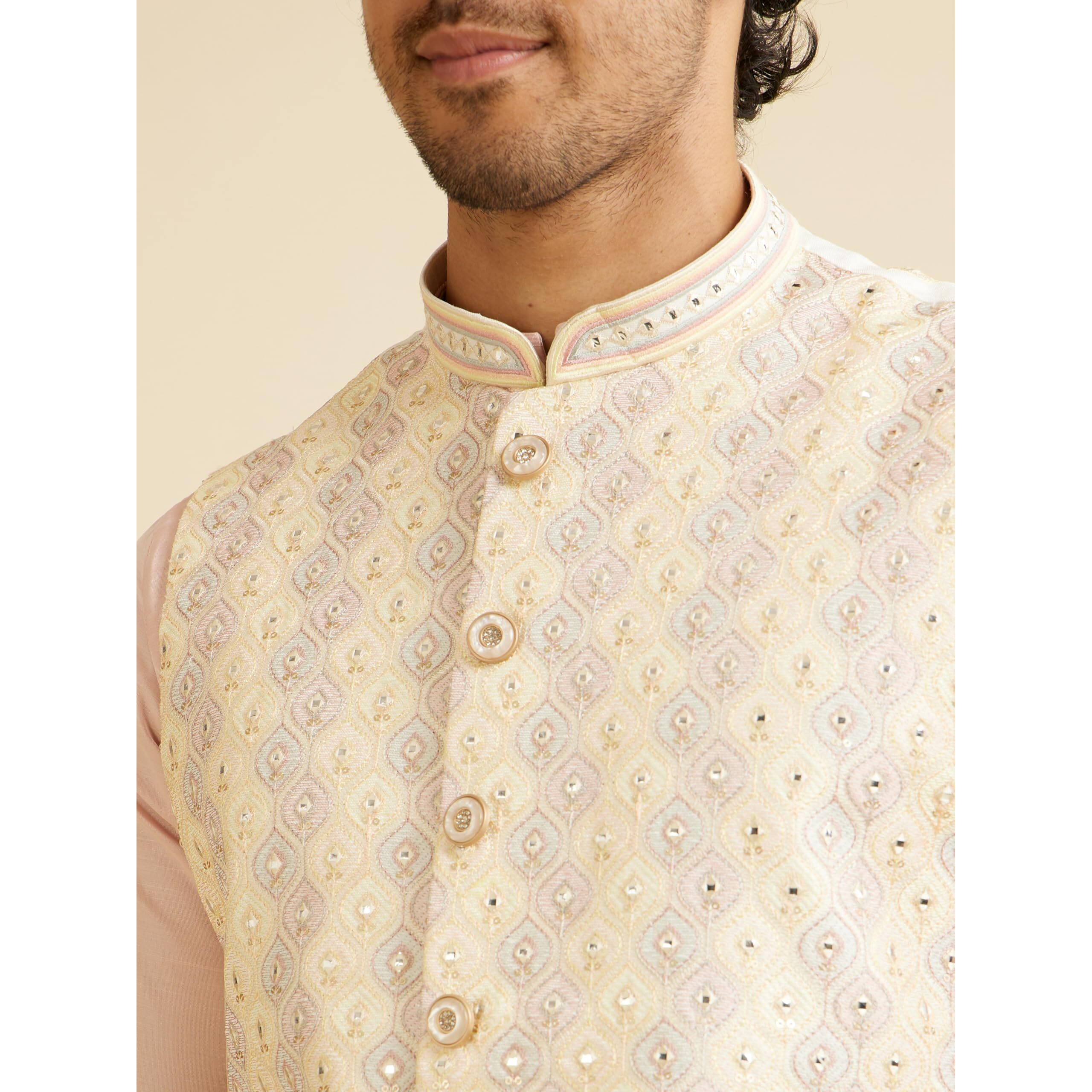 Manyavar Men's Art Silk Jaal Patterned Mirror Work Jacket (Beige,M)