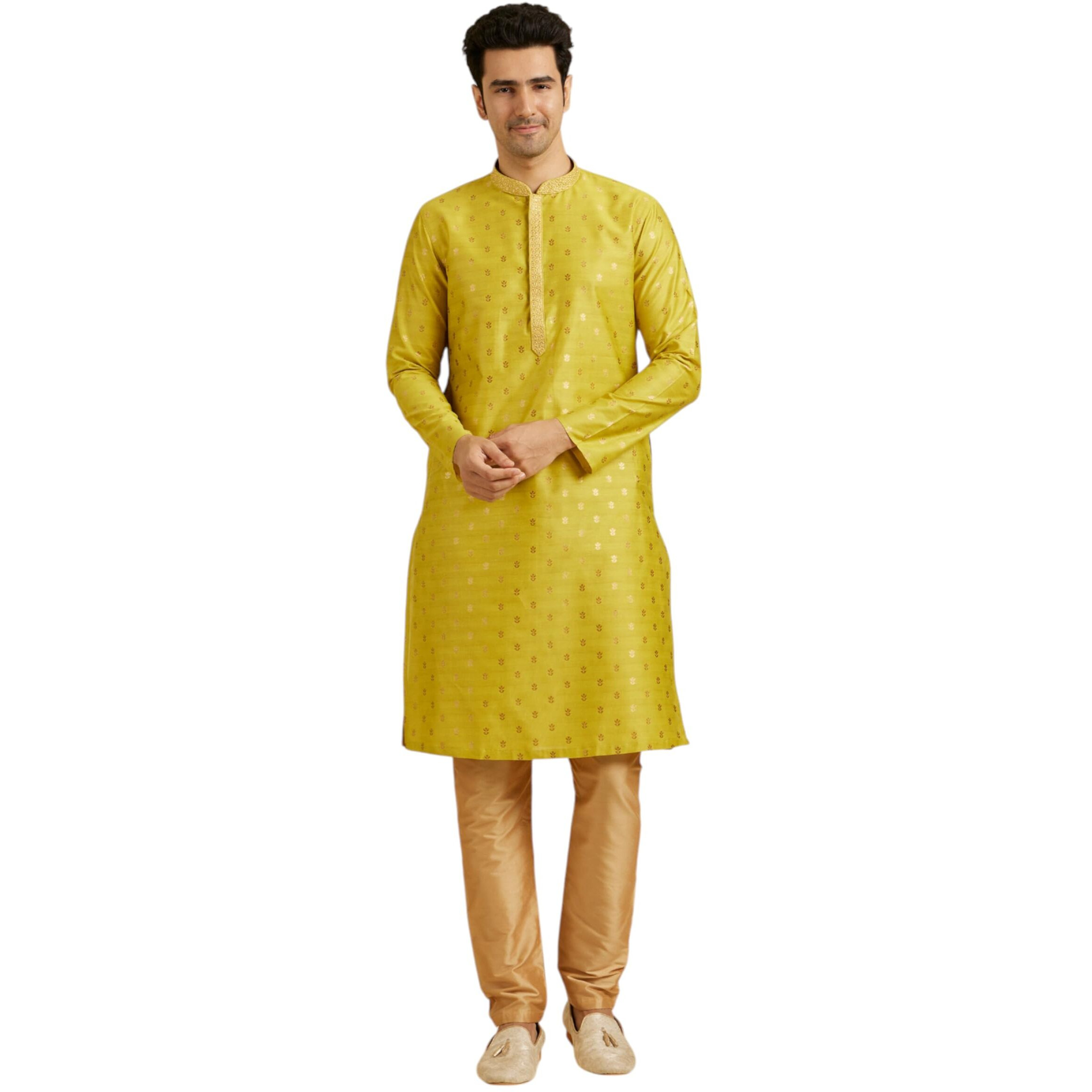 Manyavar Men's Art Silk Neck Embroidered & Foil Prints Kurta Pyjama Set (Green,M)