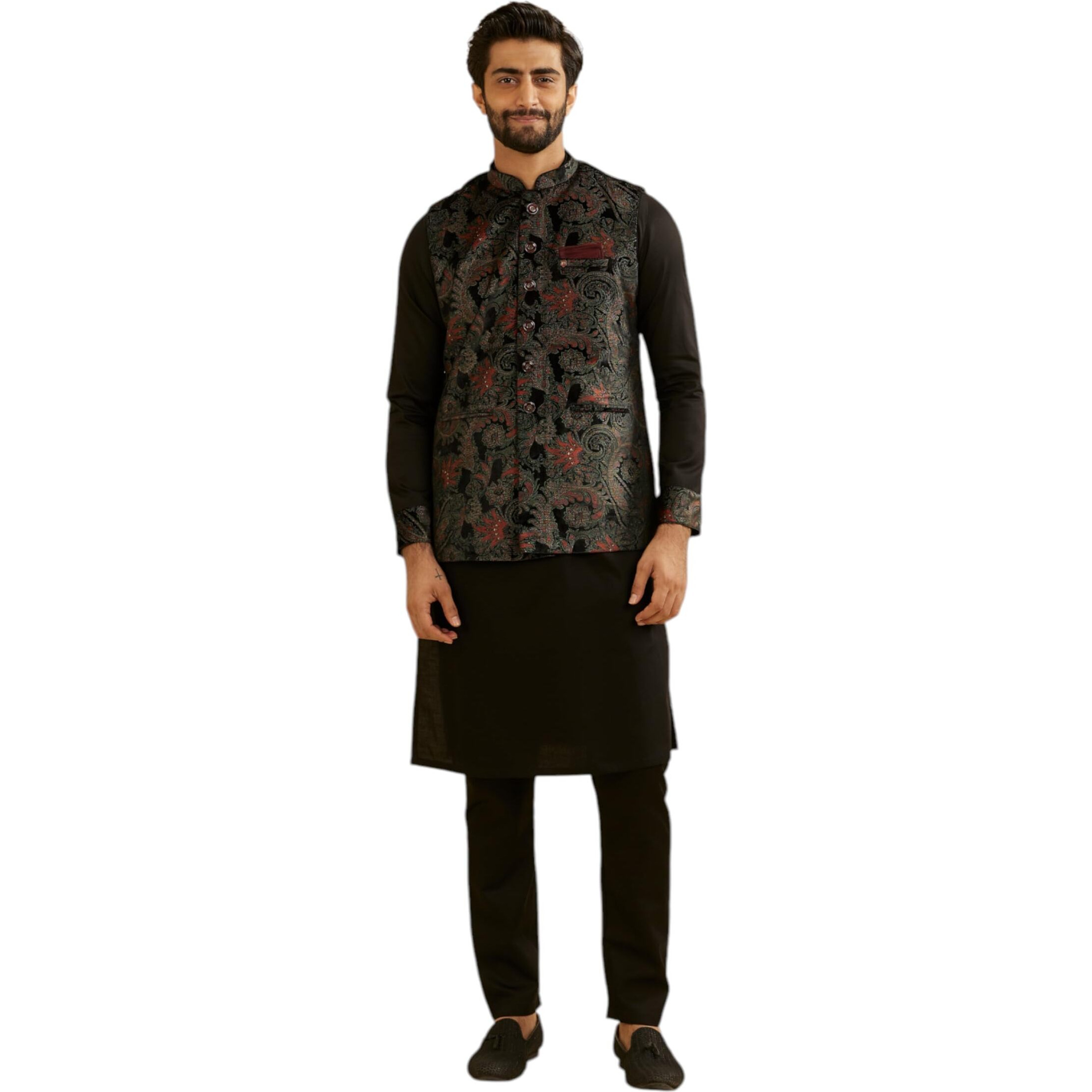Manyavar Men's Velvet Printed Kurta Jacket Pyjama Set (Black,L)