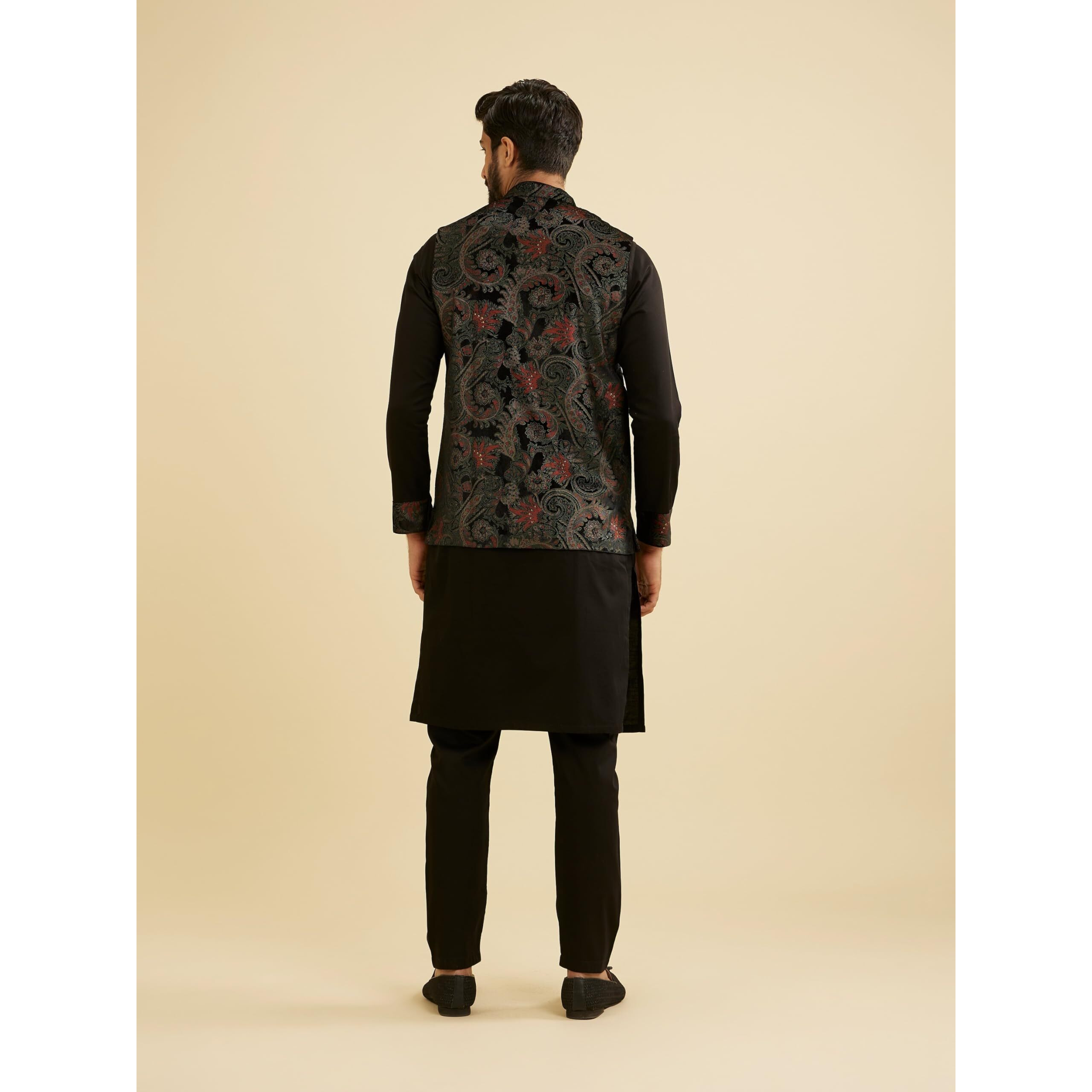 Manyavar Men's Velvet Printed Kurta Jacket Pyjama Set (Black,L)