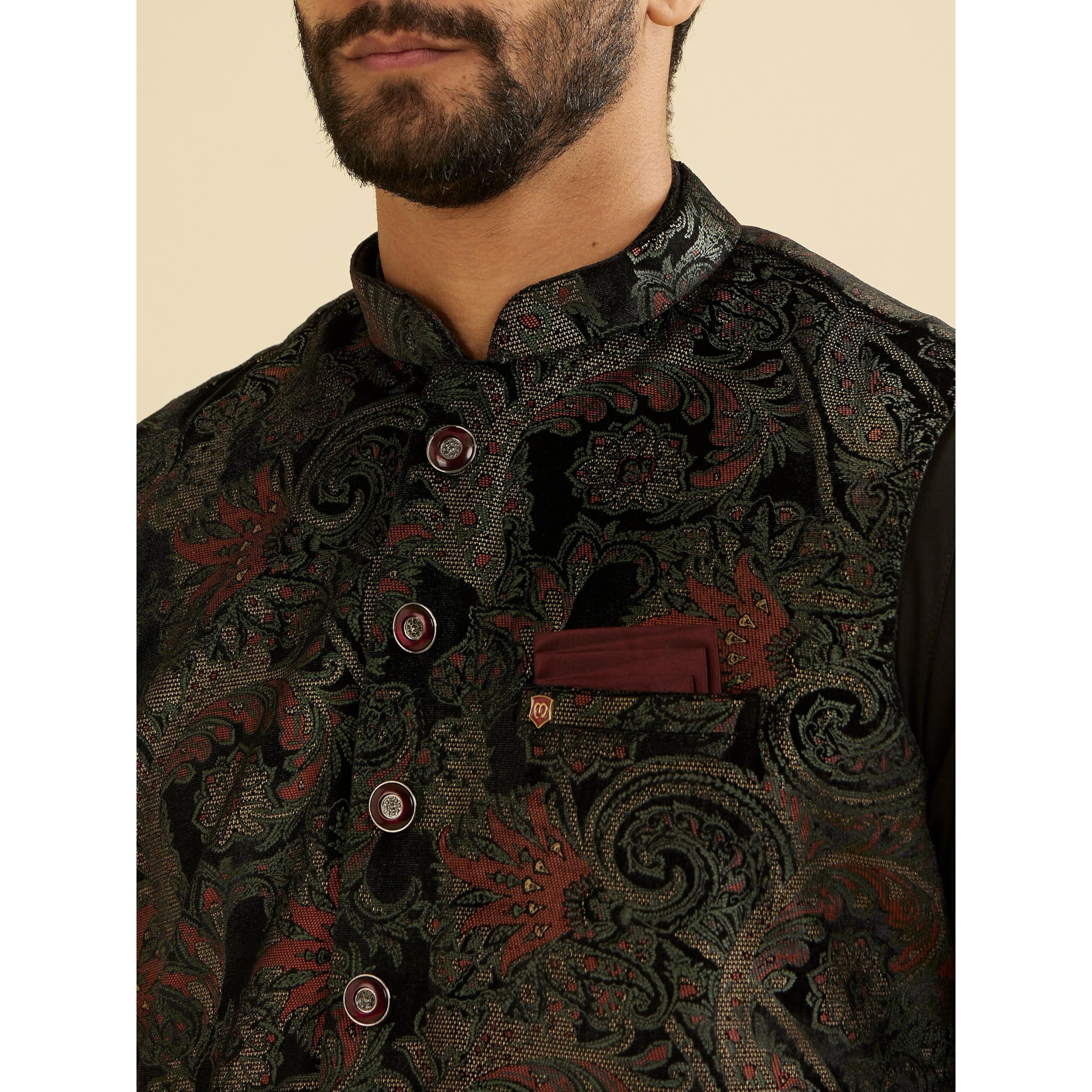 Manyavar Men's Velvet Printed Kurta Jacket Pyjama Set (Black,L)